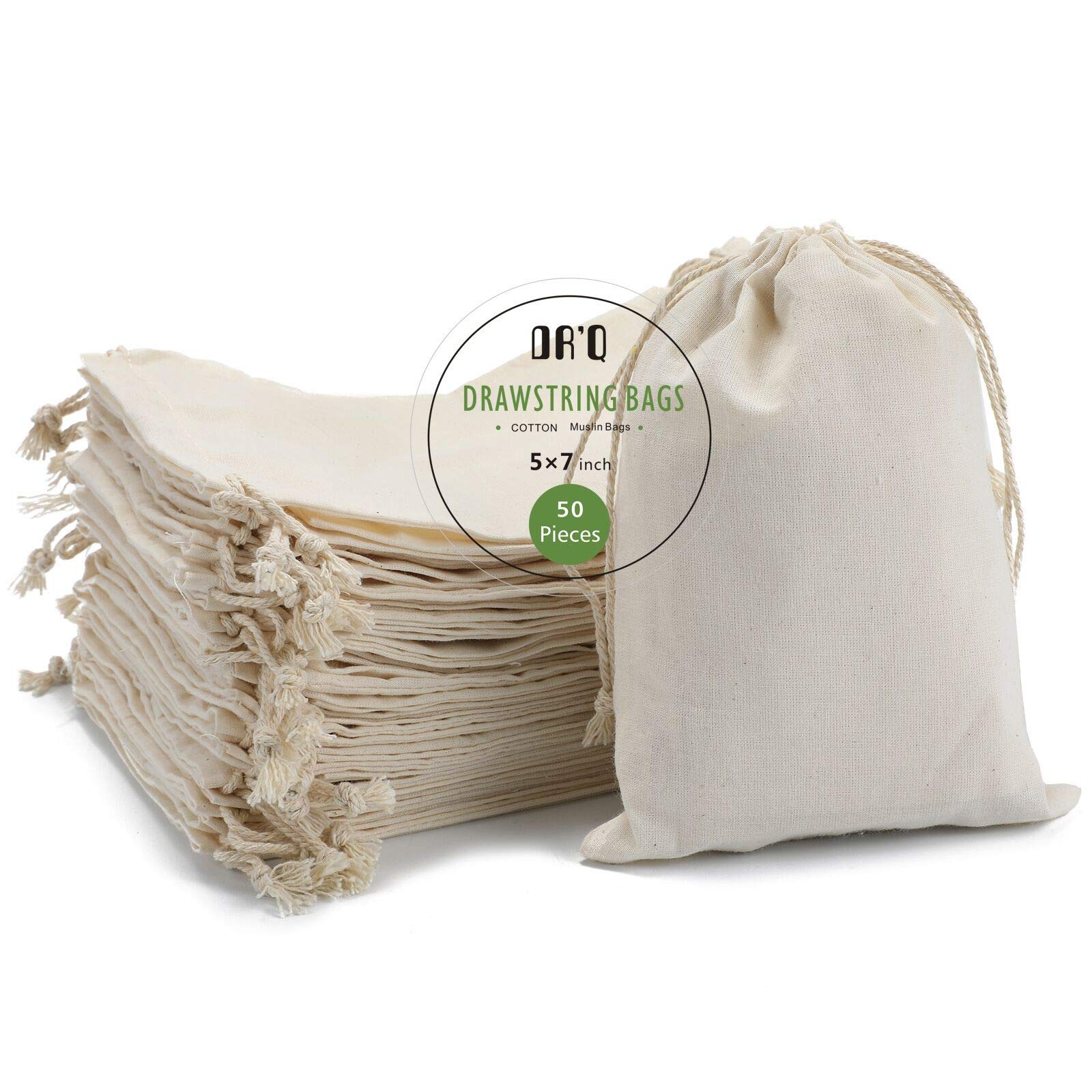 DRQ 5x7 Inch Cotton Drawstring Bags - 50 Pack Unbleached Muslin Gift Bags for Party Favors, Wedding, Baby Shower & Retail Packaging | Eco-Friendly Reusable Fabric Pouches for Jewelry, Soaps, Herbs & DIY Crafts