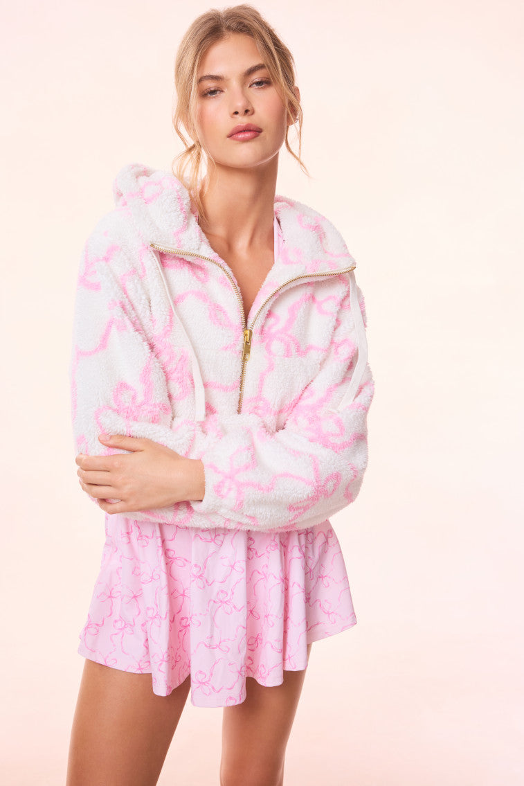 Darcelle Women's Bow Print Teddy Bomber Jacket - Cozy Fleece Outerwear for Fall & Winter Fashion, Casual Wear, and Street Style Outfits
