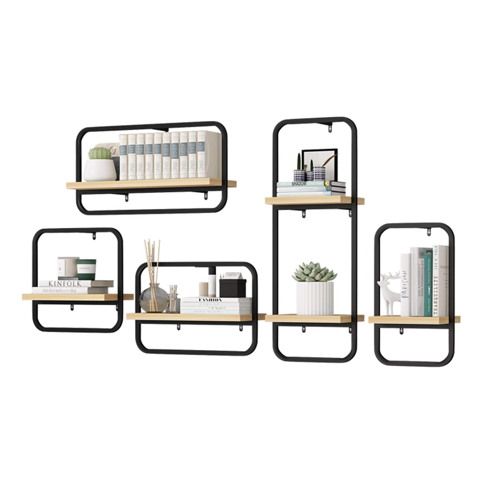 TOMYEUS 5-Tier Industrial Bookshelf Set - Metal Frame Floating Wall Shelves for Home & Bedroom Decor - Wall Mounted Display & Storage Organizer in Different Sizes - Perfect for Books, Plants, Photos & Room Organization