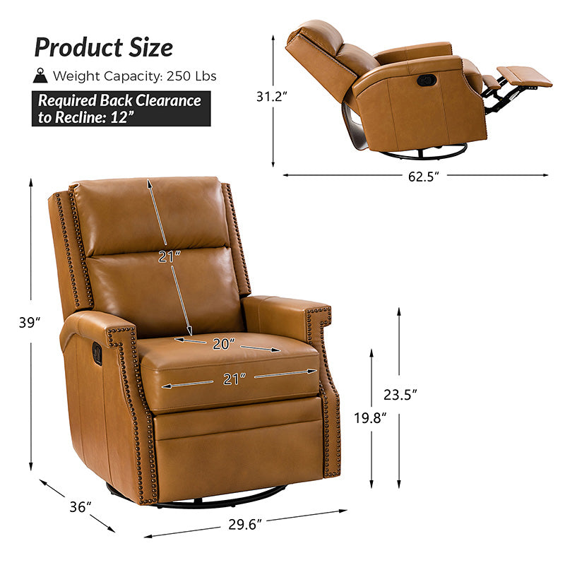 Canace Modern Genuine Leather Manual Glider Rocker Recliner Chair - Comfortable Swivel Lounge Chair for Living Room, Nursery, and Office Relaxation