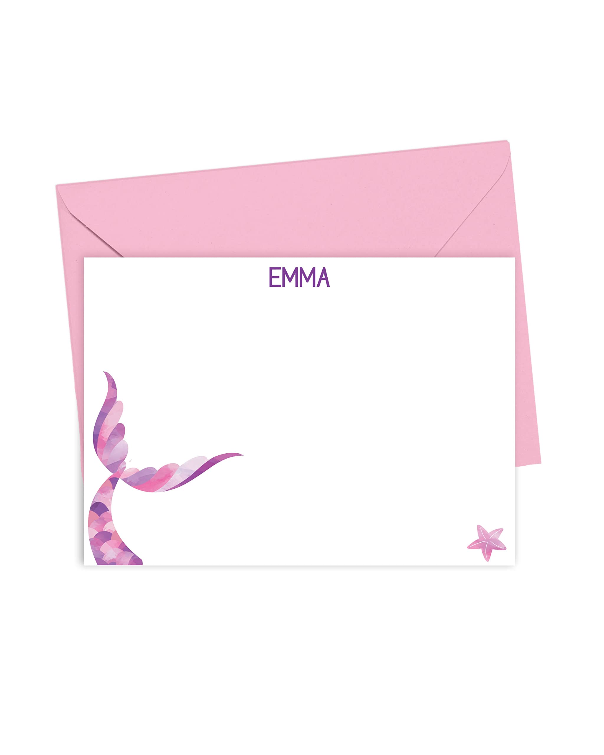Personalized Mermaid Tail Stationery Set for Girls - Custom Name Note Cards with Envelopes | Kids' Blue & Green Mermaid-Themed Flat Cards (10-Pack) | Perfect for Birthday Invitations, Thank You Notes & Creative Writing