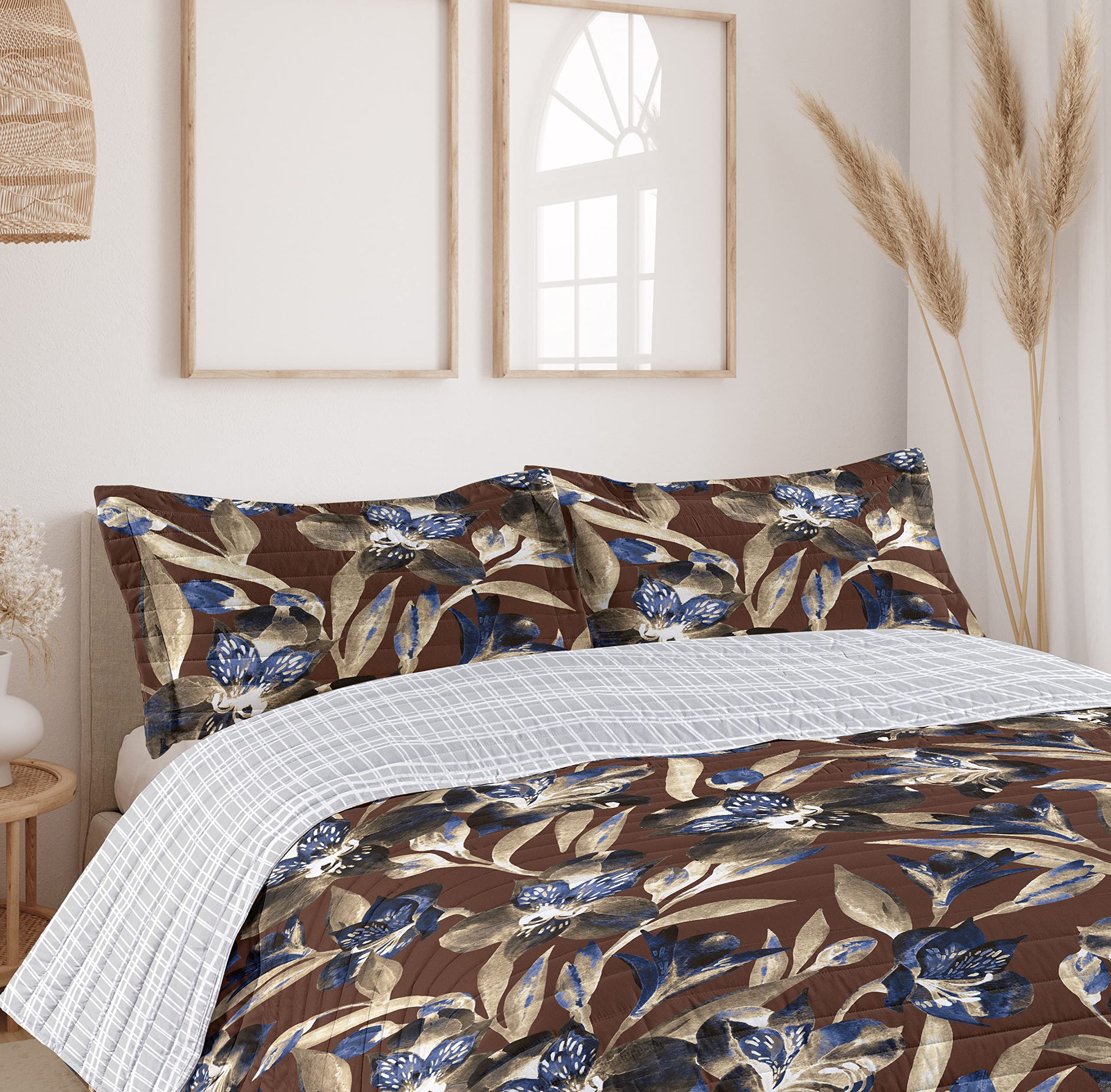 Ambesonne Reversible Queen Size Bedspread Set - Tropical Jungle Butterfly Design, Microfiber Comforter & Pillow Shams in Umber Sepia | Perfect for Spring Bedroom Decor, Guest Room Makeover & Boho Chic Home Styling