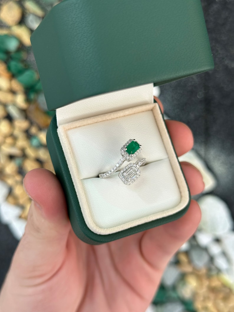 1.51tcw 14K Dark Vivid Green Baguette Emerald & Round Cut Brilliant Toi ET Moi White Gold Bypass Shank Ring - Elegant Wedding, Engagement & Anniversary Jewelry Gift for Women