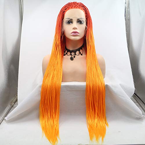 SERENEWIG Flaming Color Box Braided Wigs for Black Women - Handmade Synthetic Lace Front Ombre Red Orange Wigs (28 Inches) - Perfect for Cosplay, Parties & Protective Hairstyles