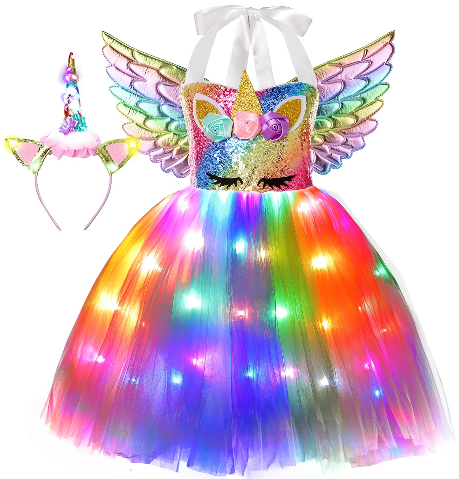 LED Light Unicorn Tutu Dress for Girls - Glowing Princess Costume with Wings for Birthday Parties, Halloween & Dress-Up Play