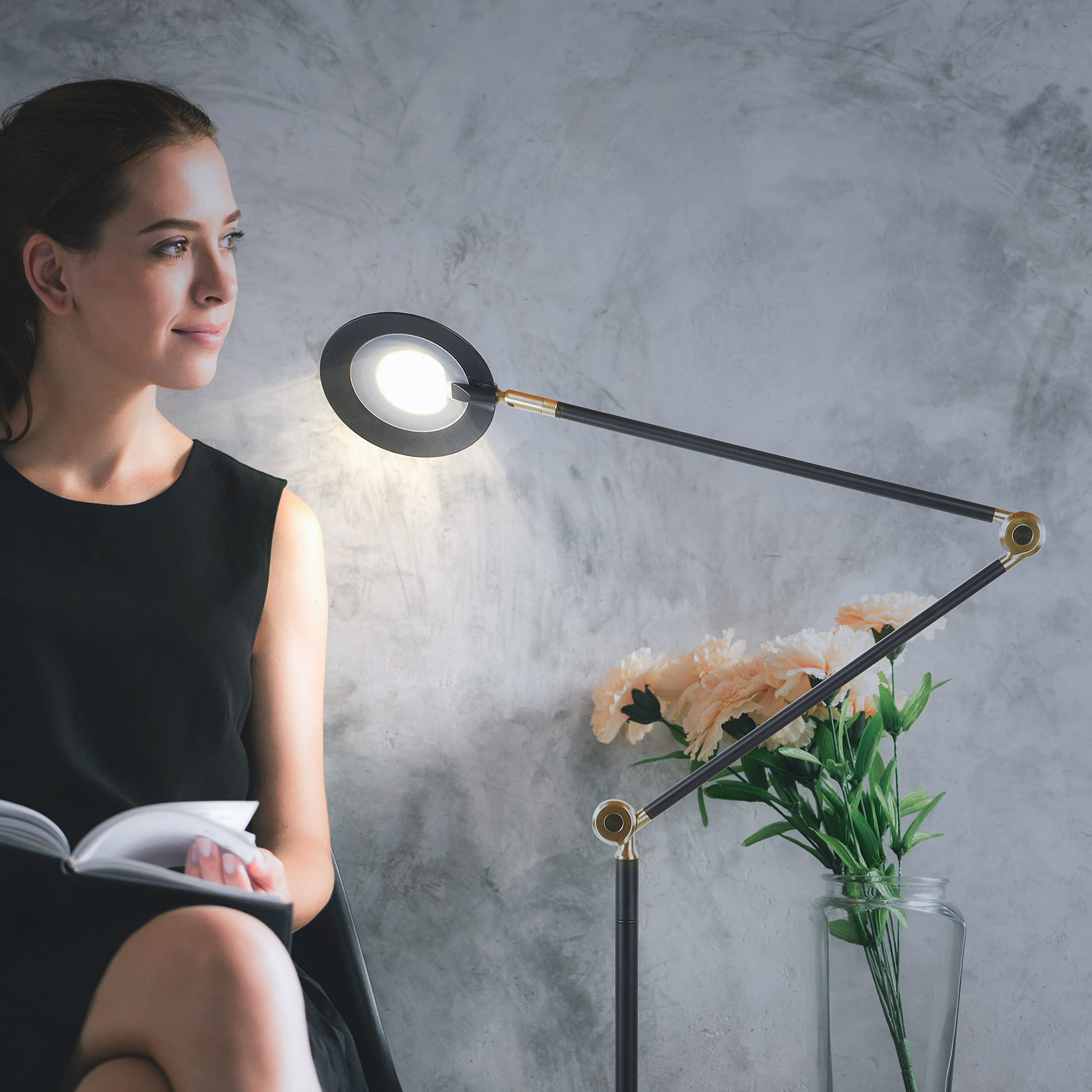 Brightech Sage 2-in-1 LED Craft Table & Floor Lamp - Adjustable Dimmable Reading Light with 3 Color Modes, 360° Swivel Head - Perfect for Living Room, Office & Crafting - Black
