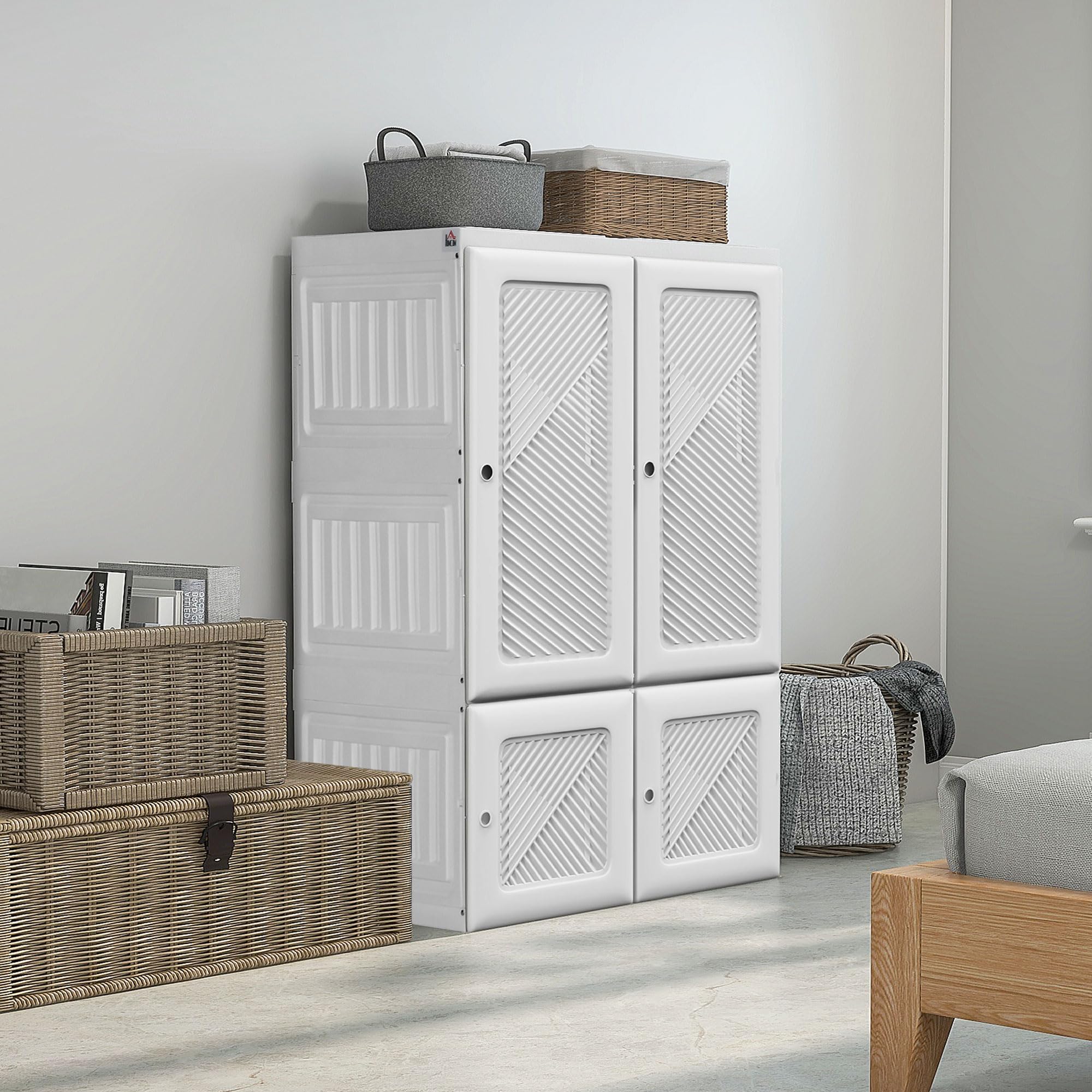 HOMCOM Portable Wardrobe Closet - Foldable Bedroom Armoire with 3 Cube Compartments & Hanging Rod | Magnetic Door Clothes Storage Organizer | Easy Assembly White Wardrobe for Small Spaces | Perfect for Apartments, Dorms, and RV Living