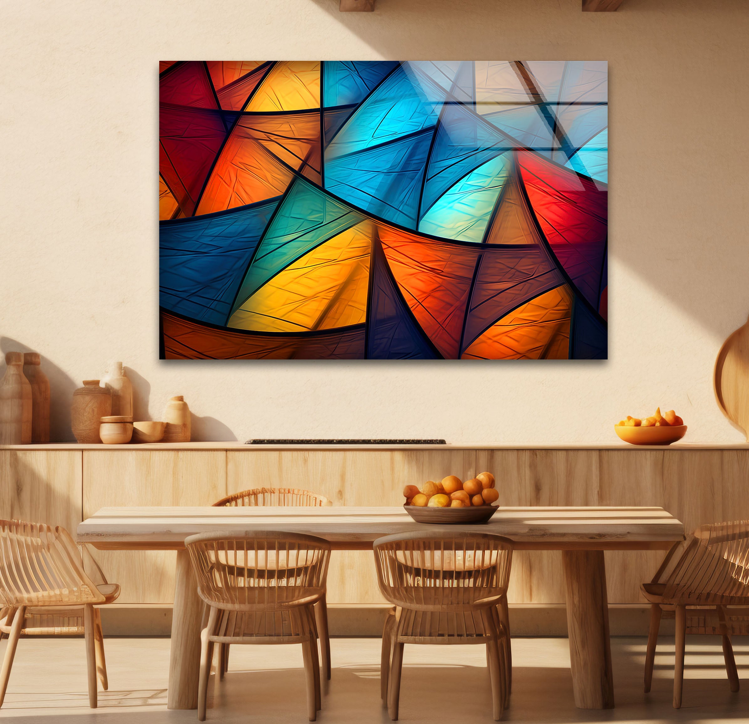 Modern Abstract Geometric Glass Wall Art - Vibrant Triangle Pattern Home Decor for Living Room, Bedroom & Office | Unique Handmade Wall Hanging