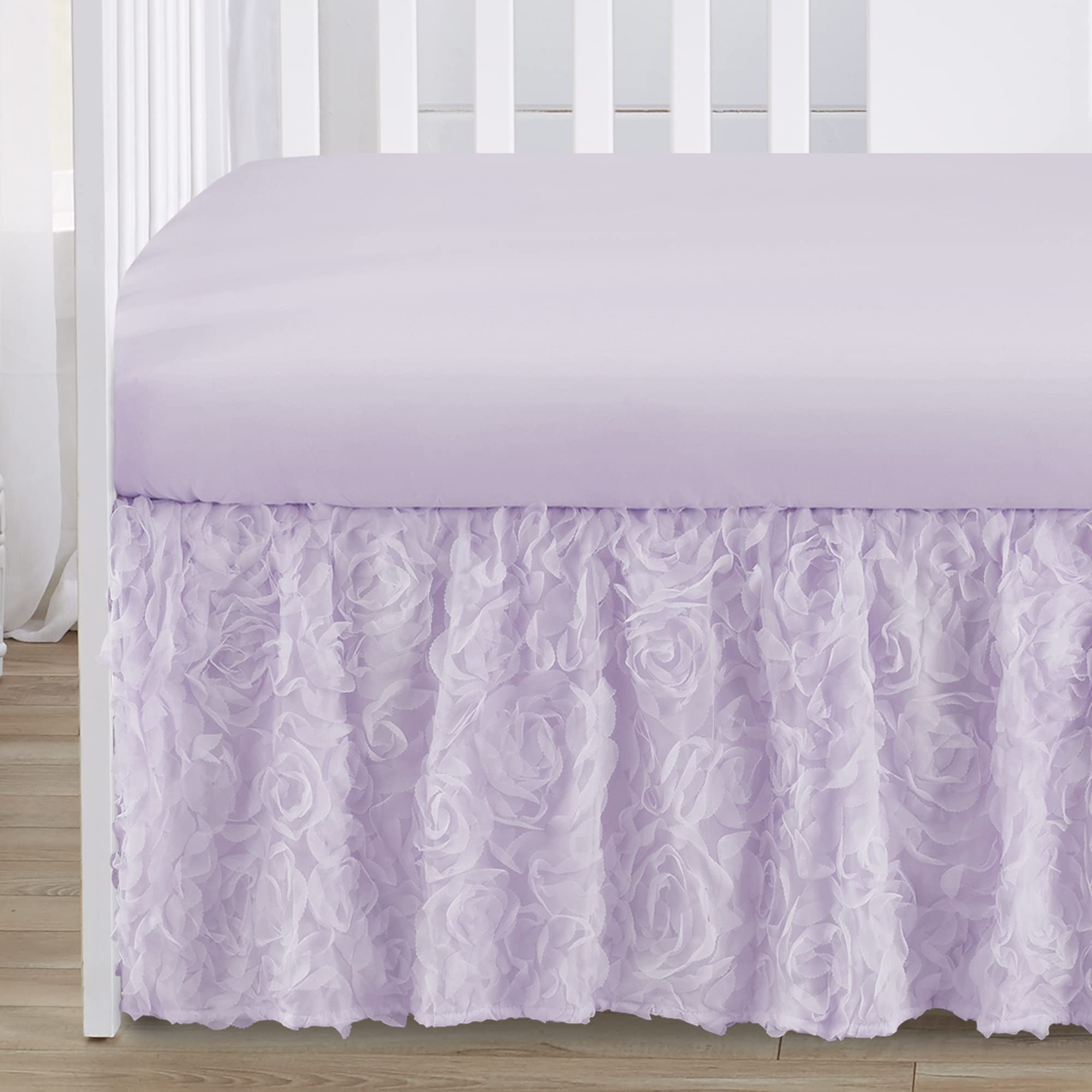 Sweet Jojo Designs 4-Piece Baby Crib Bedding Set - Purple Lavender Floral Rose Pattern for Girls Nursery, Includes Blanket, Fitted Sheet, Skirt & Diaper Stacker | Elegant Princess Luxury Crib Set with Ruffle Roses | Perfect for Newborns, Baby Showers & Nursery Decor