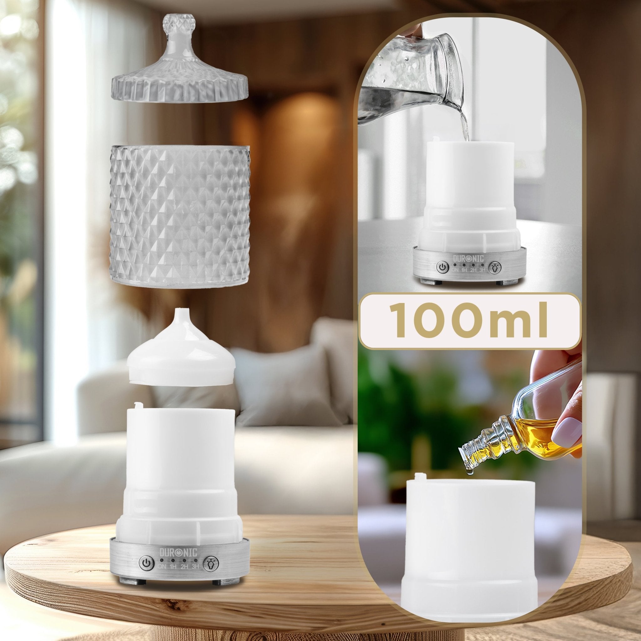 Duronic AD33 100ml Electric Aromatherapy Diffuser - Essential Oil Diffuser with 7 Color LED Lights & Humidifier for Home, Office, Bedroom, Spa | Perfect for Relaxation, Sleep & Stress Relief | Compact Ultrasonic Aroma Diffuser for Yoga, Meditation & Aromatherapy Sessions