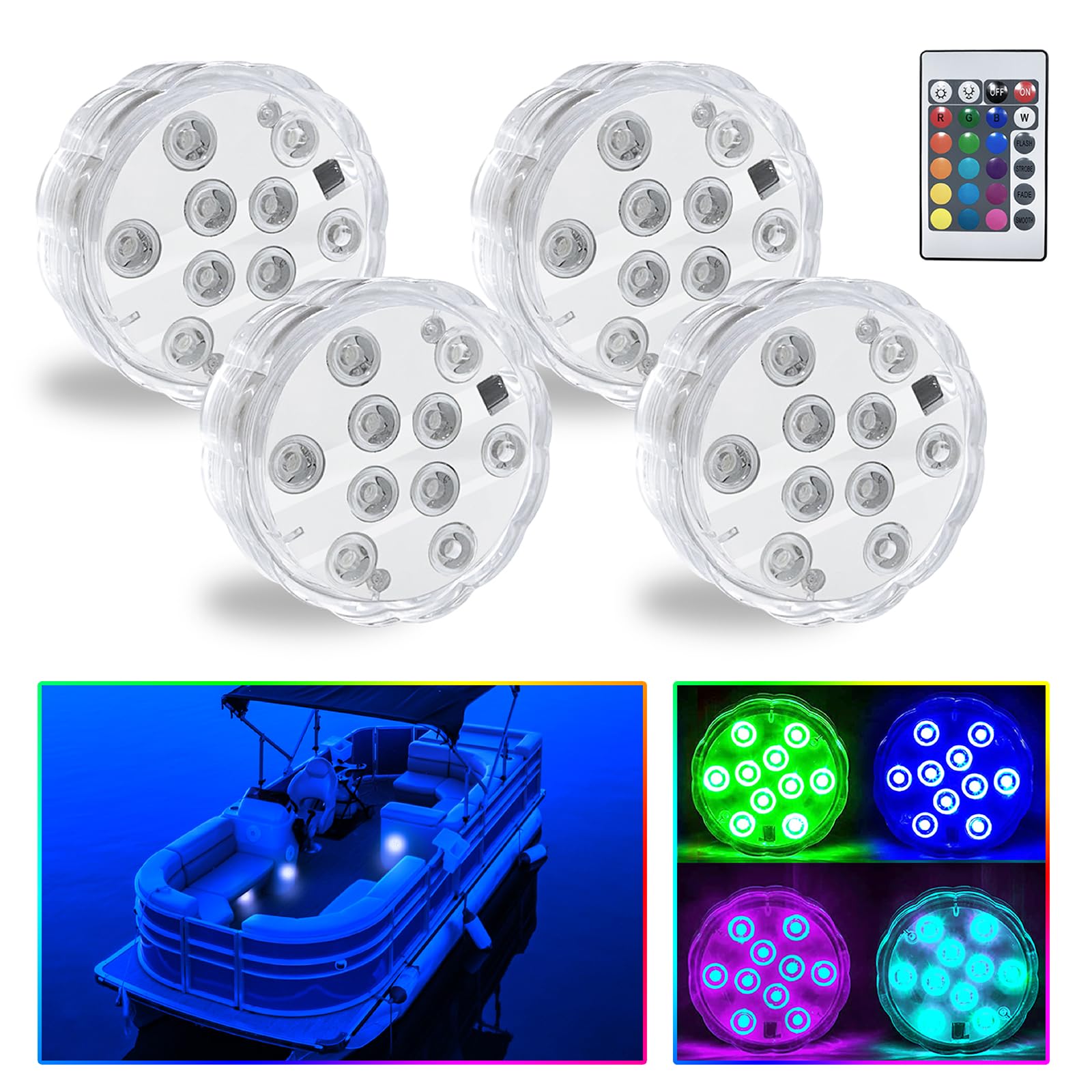 RGB Wireless Remote Control LED Boat Lights - Waterproof Marine Lights for Interior, Deck & Courtesy Lighting - Battery Operated for Pontoon, Jon Boat, Kayak & Fishing Boats (4 Pack) - Perfect for Night Fishing & Party Decorations