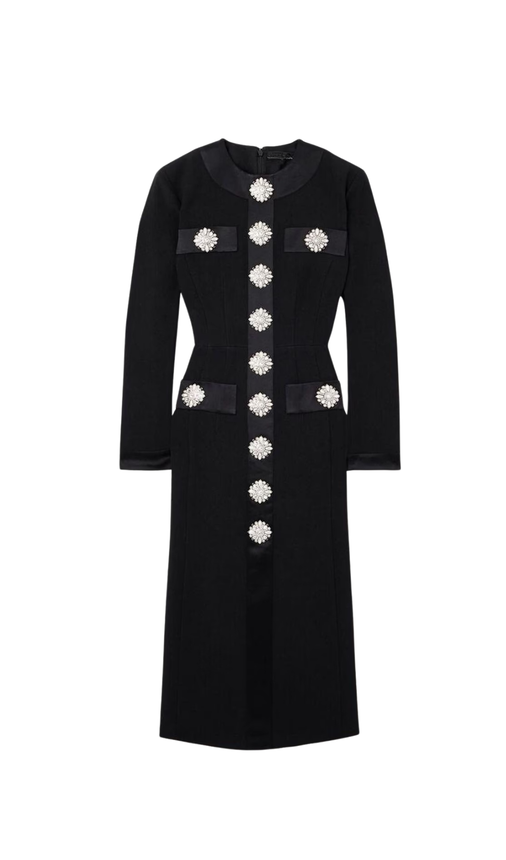 Elegant Black Crystal Embellished Satin Trim Crepe Midi Dress for Evening Parties & Special Occasions