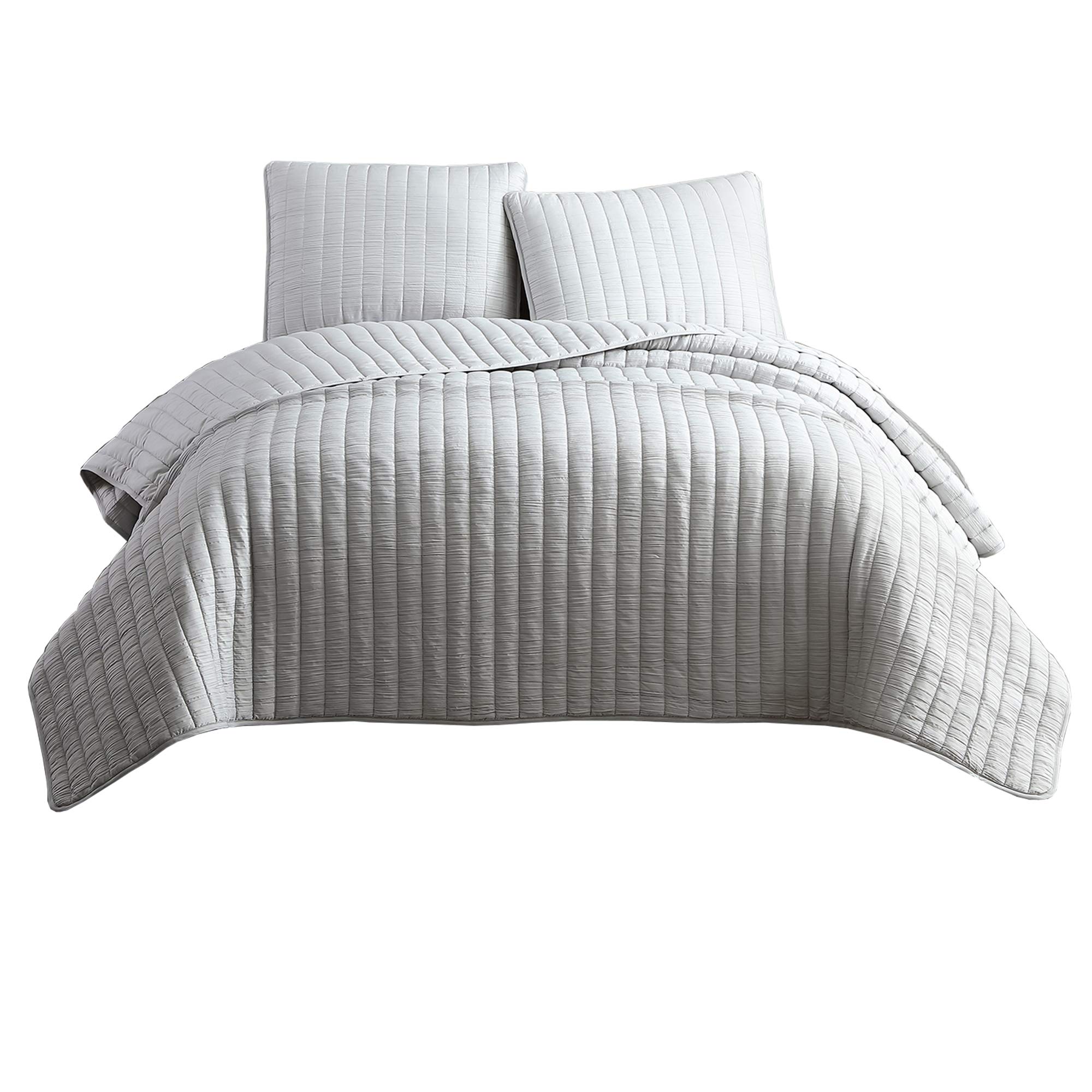 Benjara 3-Piece Queen Size Crinkle Coverlet Bedding Set with Vertical Stitching in Gray - Luxury Bedspread for Master Bedroom, Guest Room & Hotel Decor