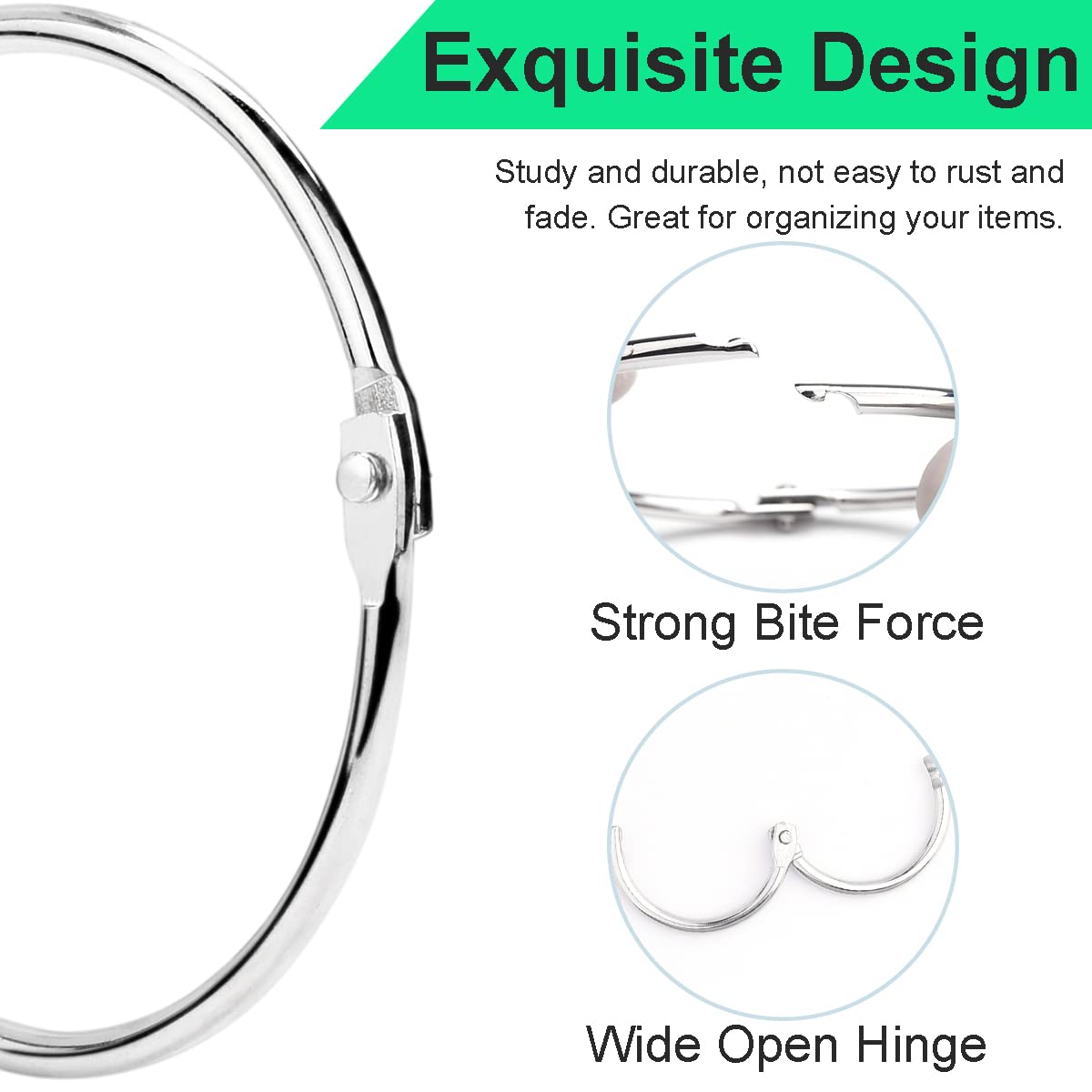 CooBigo 50 Pack 2-1/2 Inch Silver Metal Binder Rings - Book Rings, Loose Leaf Paper Clips, Flash Card Holders, Nail Swatch Organizers & Keychain Rings for School, Office & Crafting Supplies
