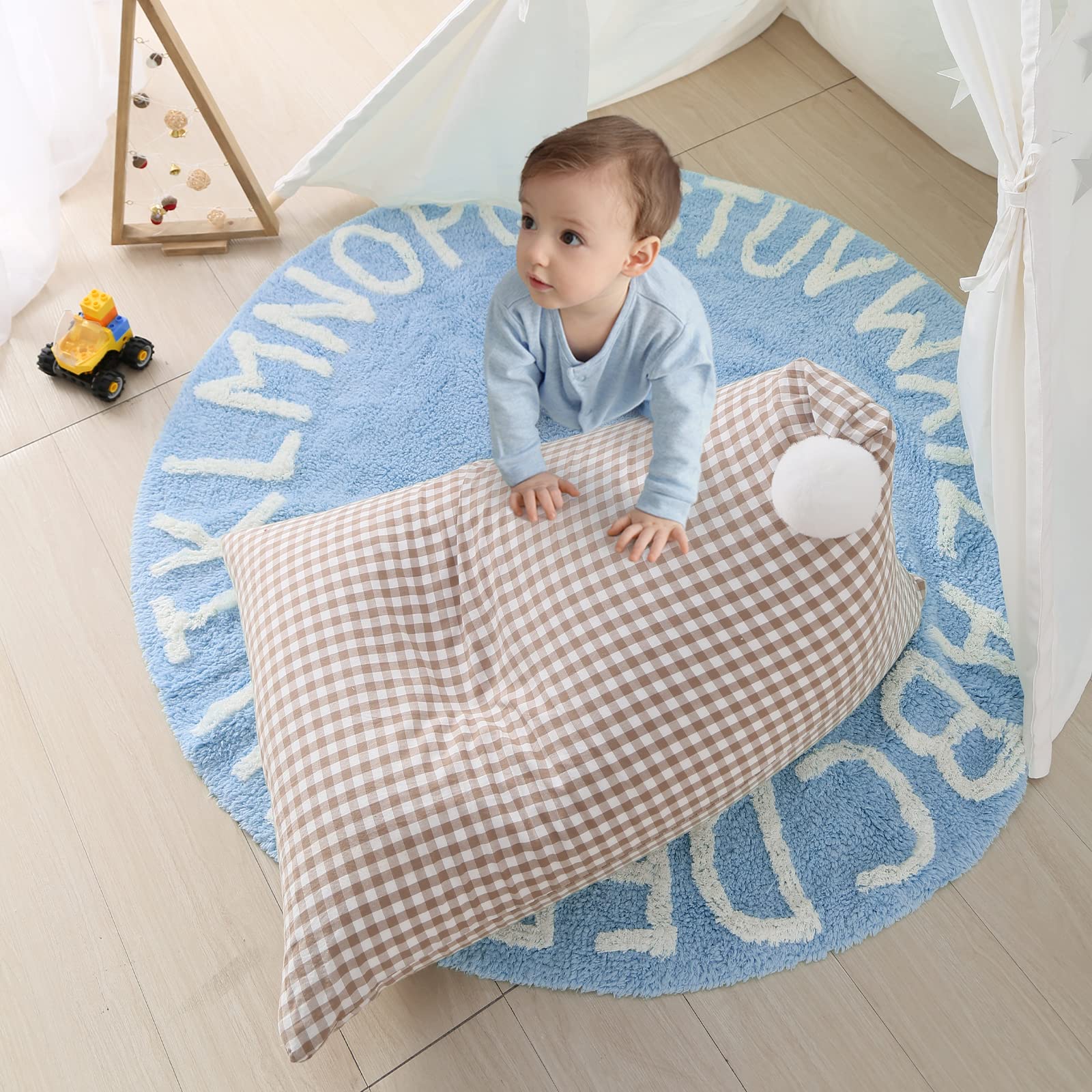 ABC Alphabet Rug for Kids Room - Neutral Cotton Circle Nursery Rug for Baby Boy & Girl, 47