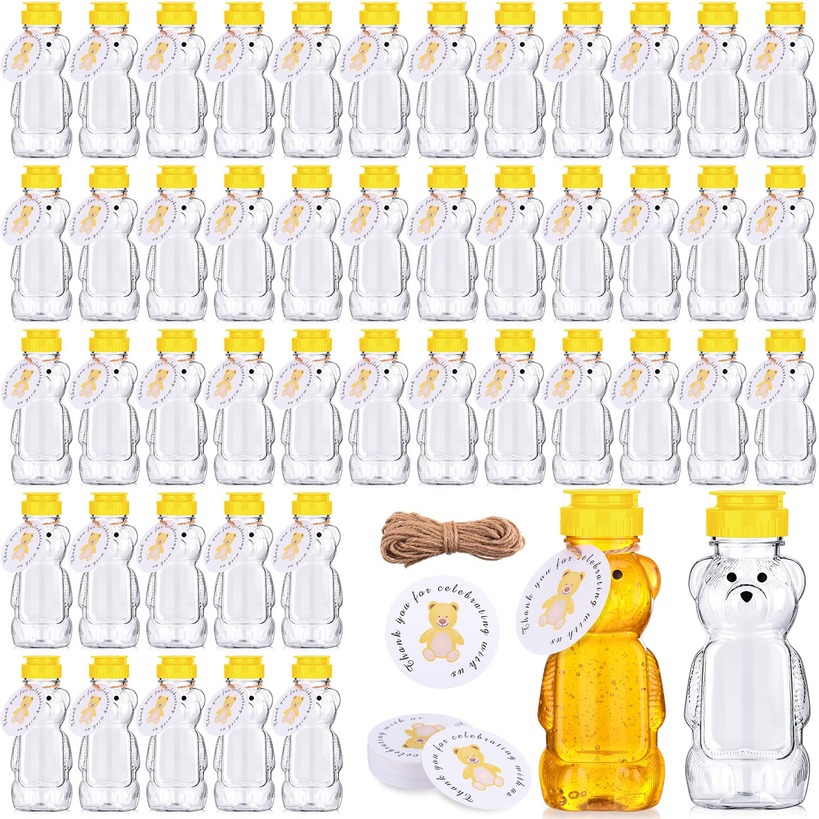 48 Pcs 8 oz Plastic Honey Bear Squeeze Bottles with Flip Top Lids - Empty Honey Jars for DIY Favor Gifts, Baby Showers, Wedding Favors & Party Decorations - Includes 48 Thank You Tags & Jute Rope