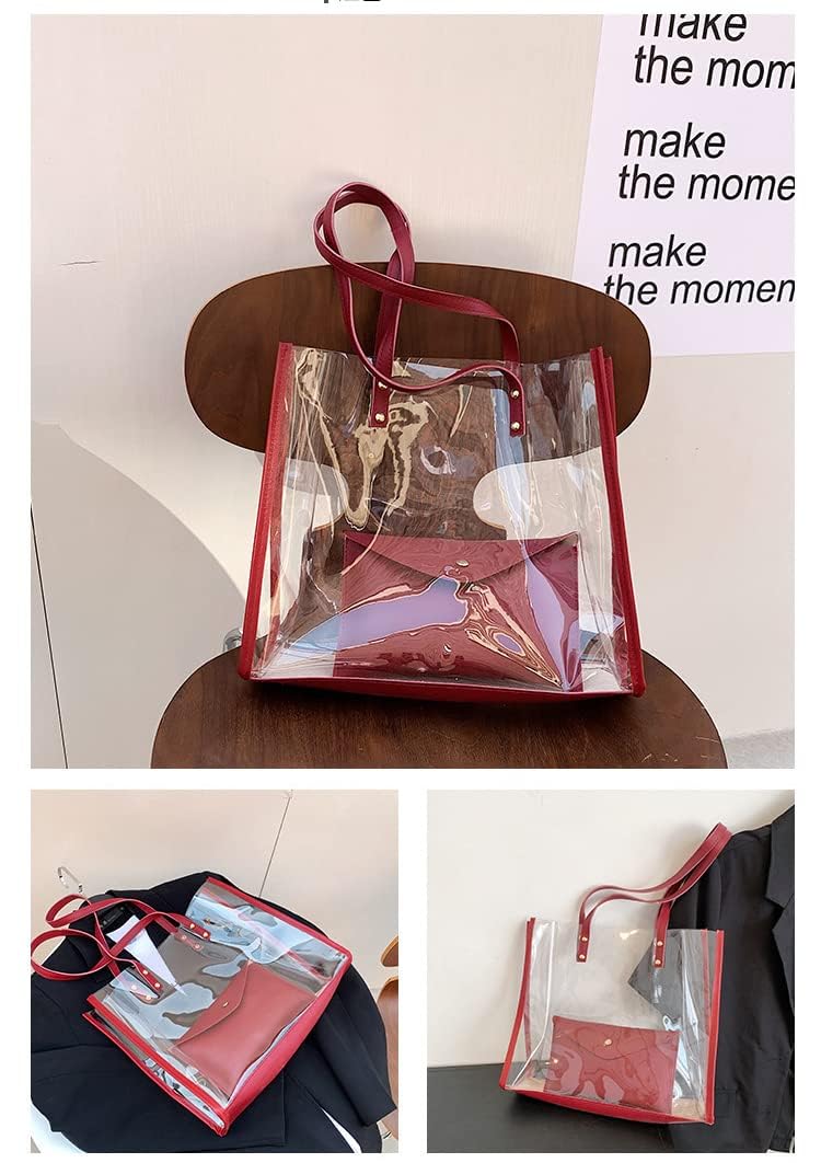 Stadium Approved Clear PVC Tote Bag for Women - Waterproof Beach & Concert Purse with Pockets (Red) | Perfect for Sports Events, Beach Trips & Music Festivals
