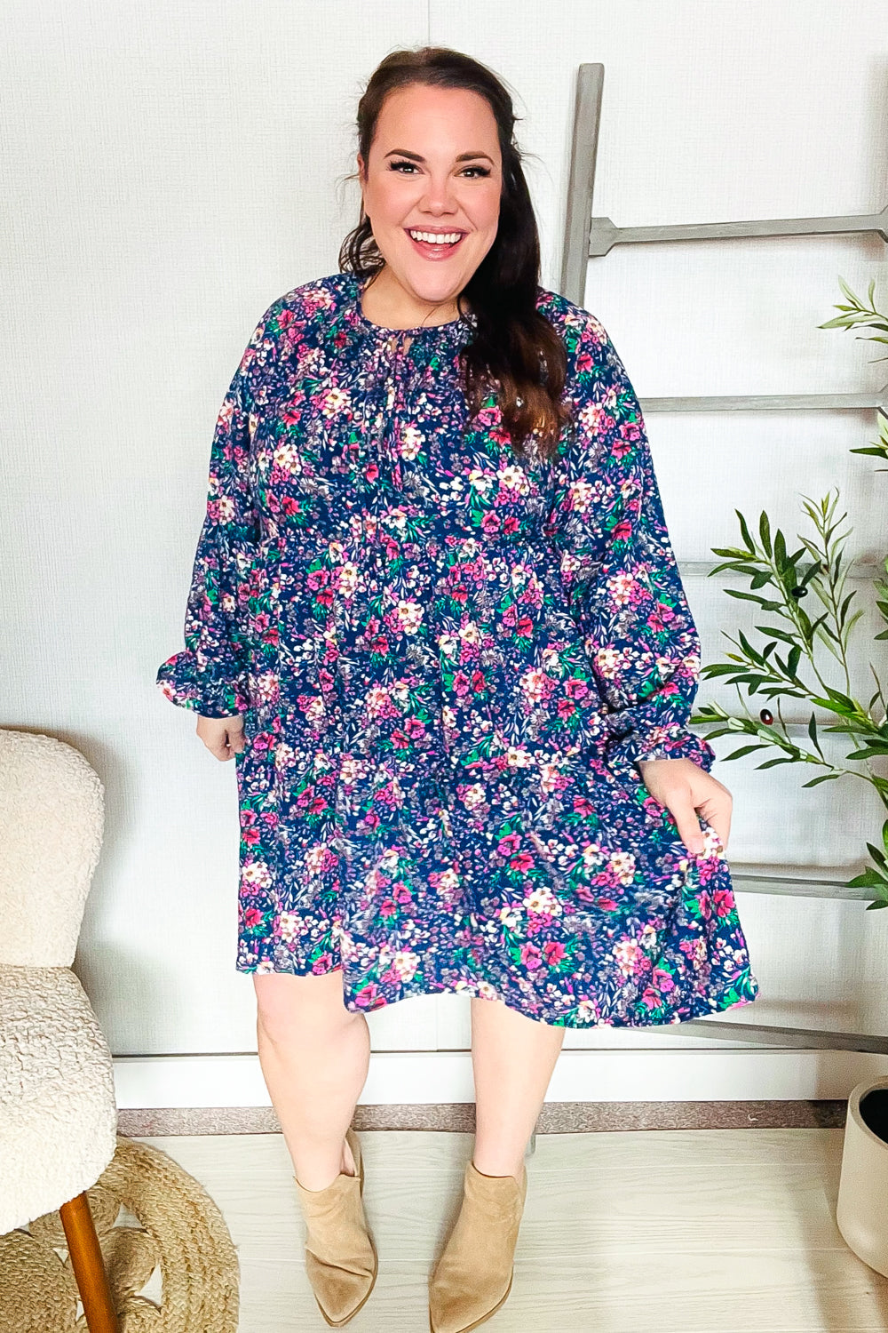Joyful Navy Floral Bow Tie Babydoll Long Ruffle Sleeve Dress for Women - Elegant Party, Wedding Guest & Special Occasion Outfit