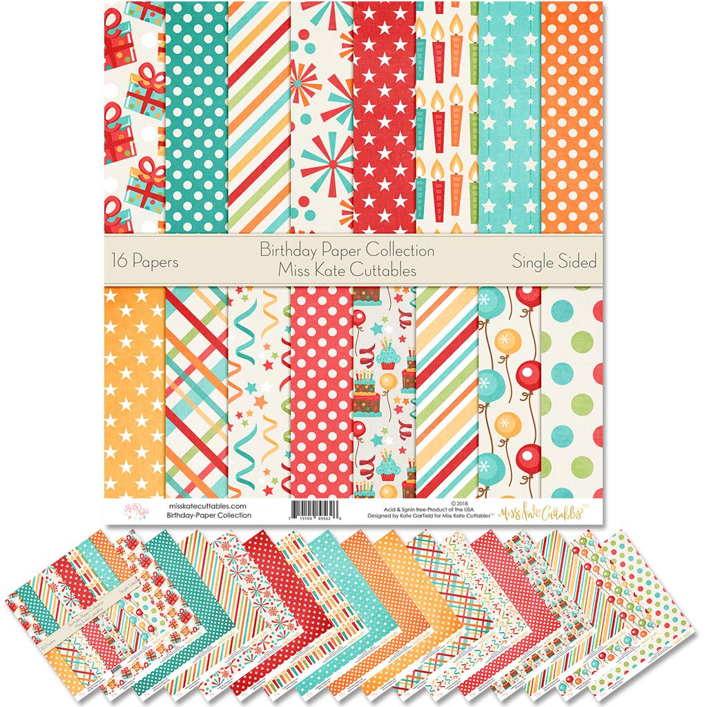 Miss Kate Cuttables Birthday Scrapbook Paper Pack - 16 Sheets Premium 12x12 Single-Sided Pattern Paper for Card Making, DIY Crafts & Memory Albums - Perfect for Party Decorations & Gift Wrapping