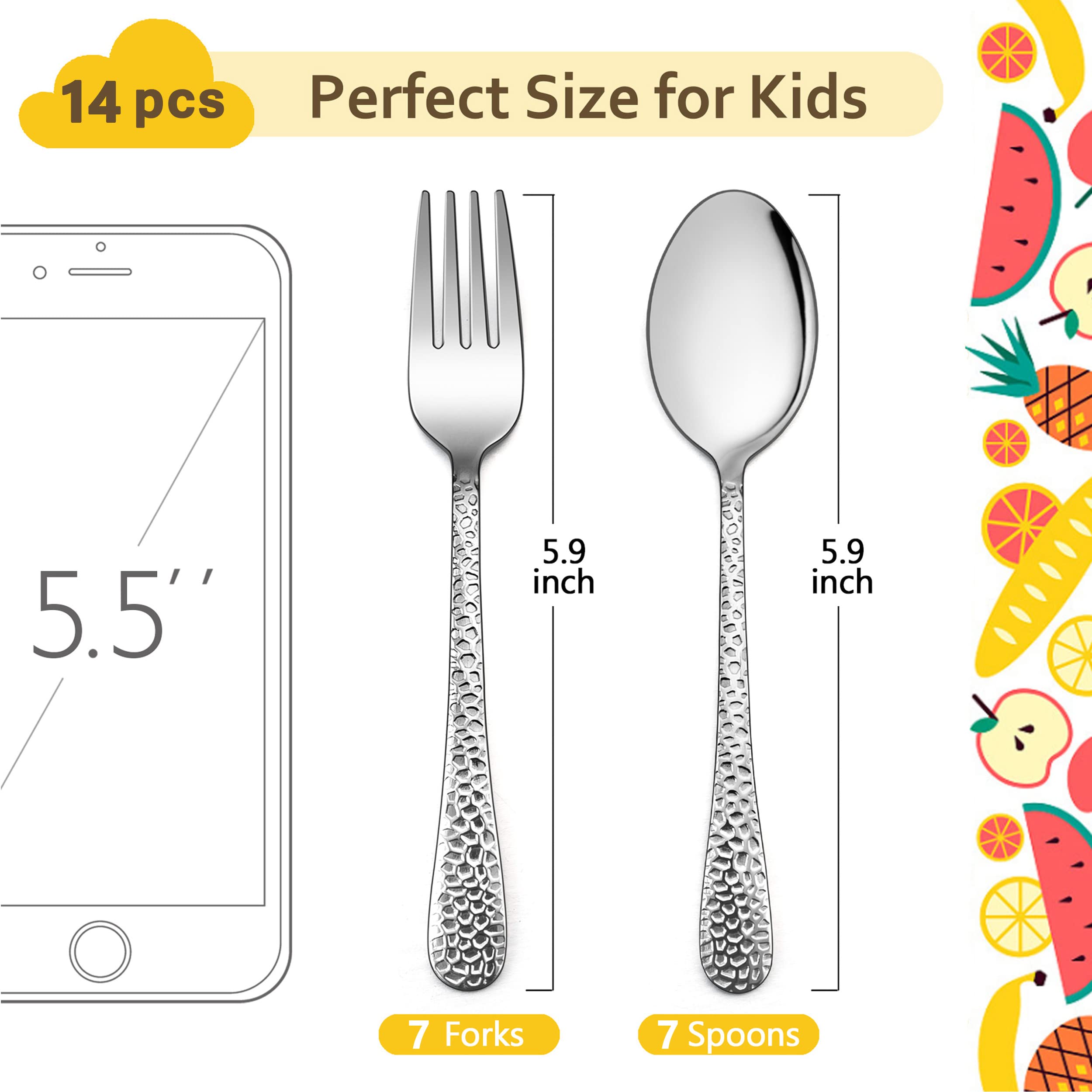 14-Piece Kids Silverware Set - Stainless Steel Toddler Utensils with 7 Spoons & 7 Forks | Dishwasher Safe Preschool Cutlery for Home, School & Travel
