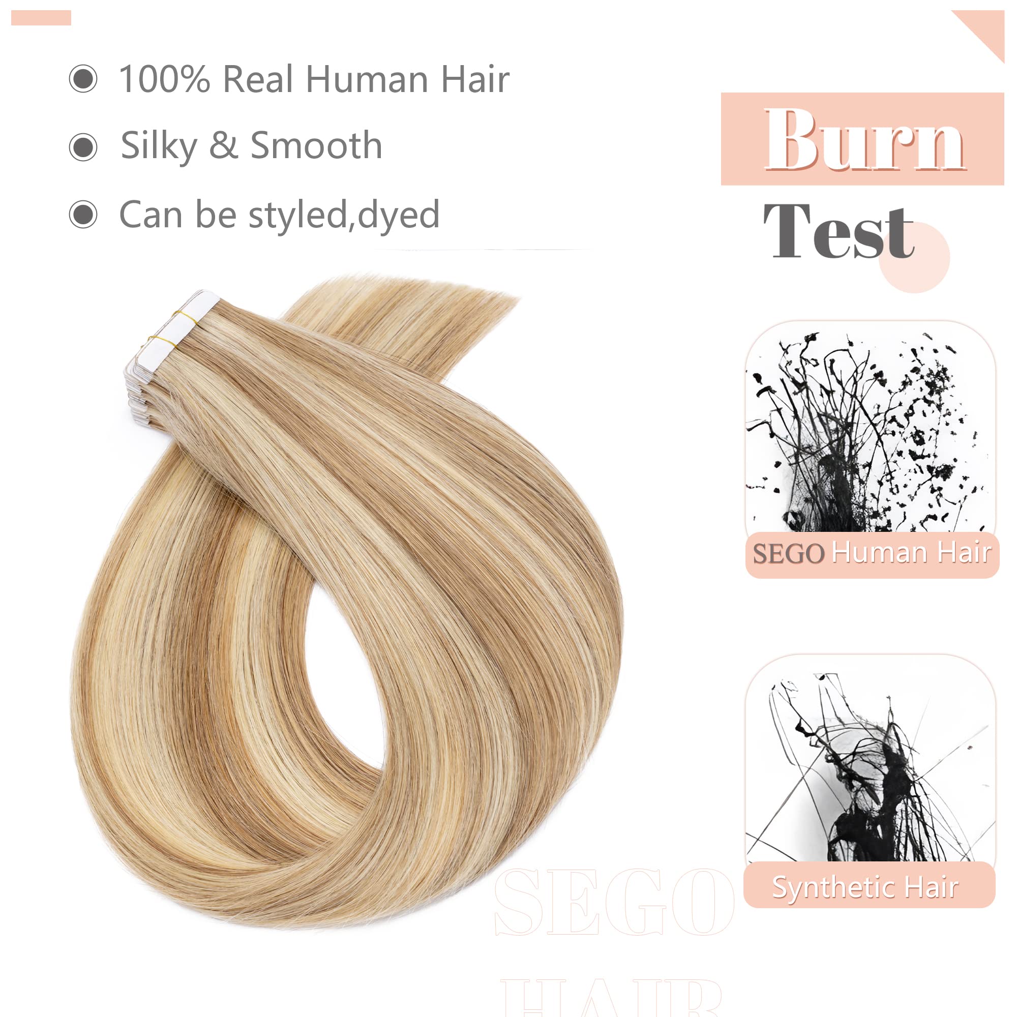 SEGO 20 Inch Tape in Human Hair Extensions 100g 40pcs Straight Balayage 100% Remy Rooted Seamless Skin Weft with Invisible Double Sided Tape for Women - Golden Brown & Bleach Blonde | Perfect for Daily Wear, Parties, Weddings & Special Occasions