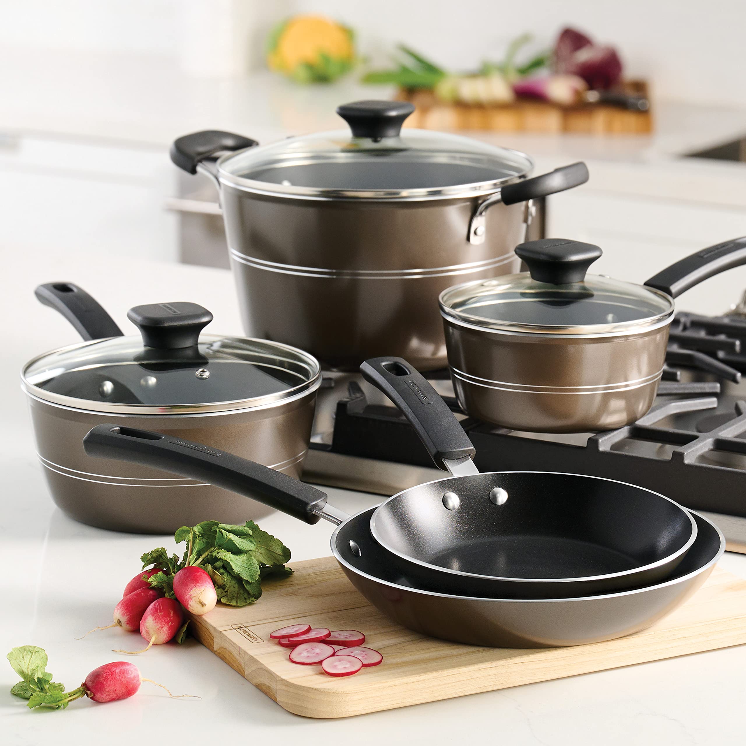 Tramontina Sicilia 8-Piece Nonstick Cookware Set with Glass Lids - Aluminum Pots and Pans Kitchen Set (Hazelnut) - Perfect for Sauteing, Boiling & Everyday Cooking