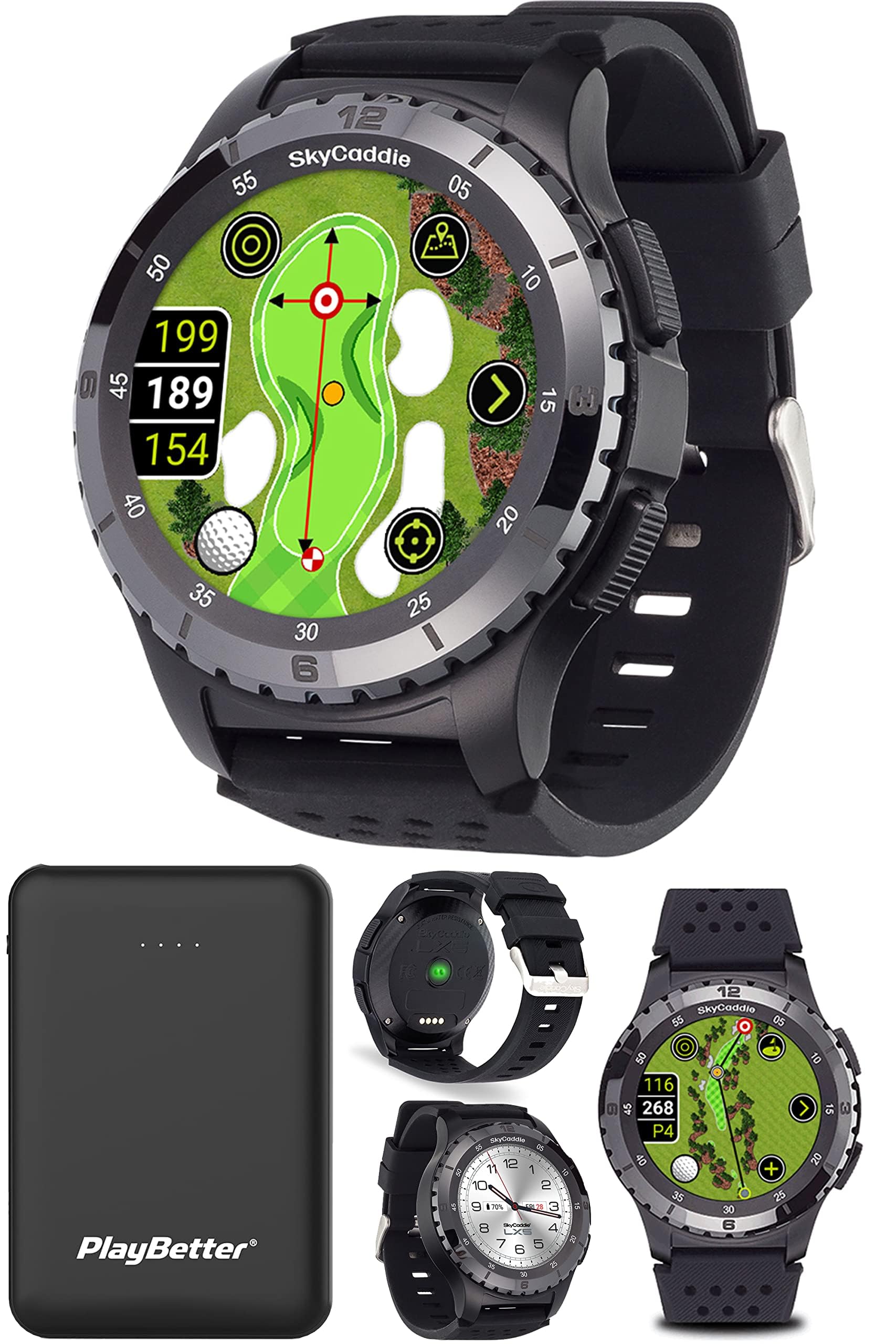 PlayBetter SkyCaddie LX5C Golf GPS Watch Bundle - Touchscreen Golf Range Finder Smartwatch with Ceramic Bezel, 35K+ Preloaded Courses, HoleVue & IntelliGreen Technology | Digital Scorecard & 5000mAh Portable Charger | Perfect for Golfers & Outdoor Enthusiasts