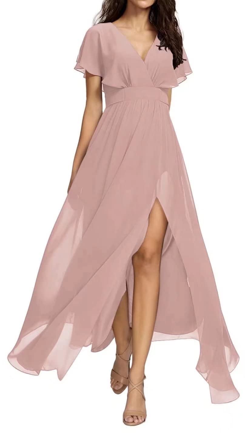 Elegant Yadressy Bridesmaid Dresses with High Slit & Long Ruffle Sleeves - Flowy Chiffon Maxi Dress A-Line Formal Gown for Women | Perfect for Evening Parties, Weddings & Special Occasions