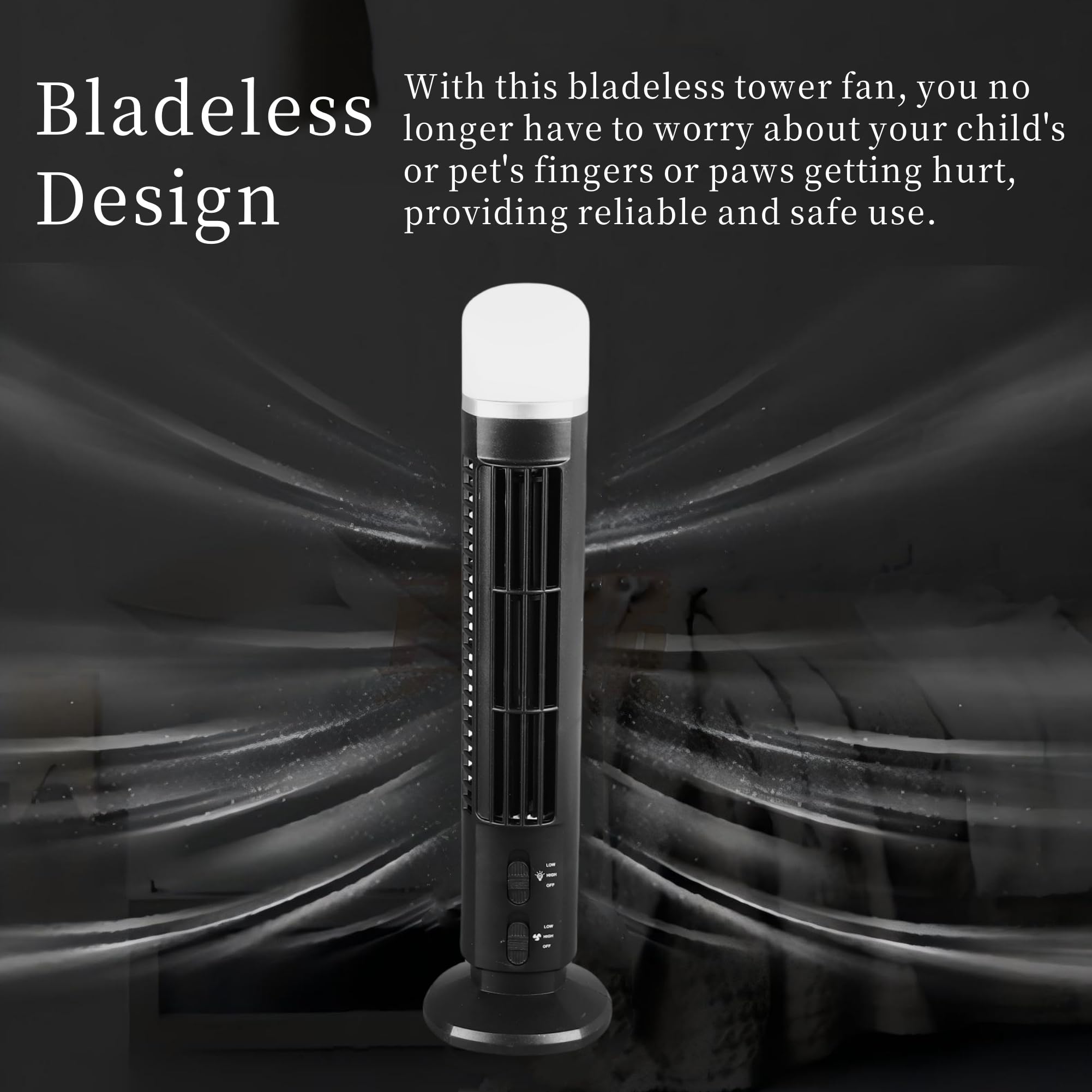 Bladeless Tower Fan with LED Light - 36 Inch Floor Standing Cooling Fan for Home, Bedroom & Office - Quiet & Energy Efficient Air Circulator - Perfect for Summer, Indoor Use & Small Spaces (Black)