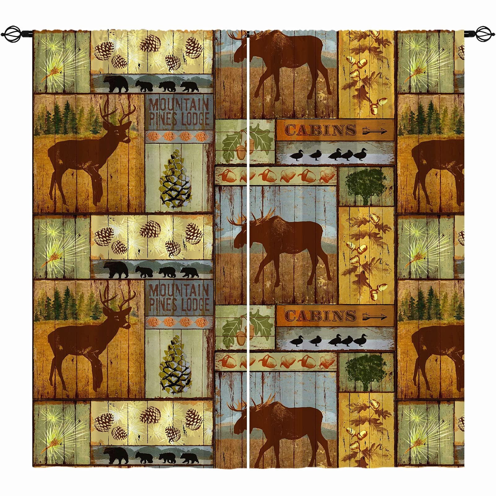 ANHOPE Farmhouse Curtains - Rustic Retro Cabin Decor with 3D Printed Forest Bear Deer Elk Pine Cones Patchwork Pattern, Rod Pocket Window Drapes for Bedroom, Living Room & Kitchen (Set of 2 Panels, 52x63 Inches) - Perfect for Cozy Cabins, Rustic Homes & Nature-Inspired Interior Design