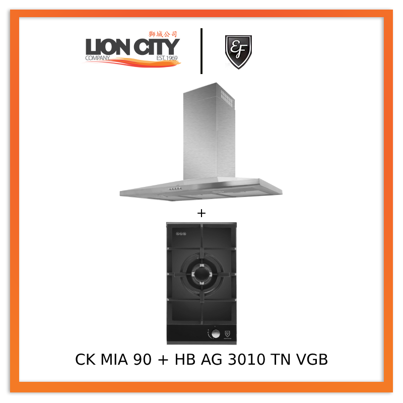 EF CK Mia 90 90cm Stainless Steel Chimney Range Hood + HB AG 3010 TN VGB 30cm Single Burner Gas Cooktop - Perfect for Modern Kitchen Ventilation and Cooking
