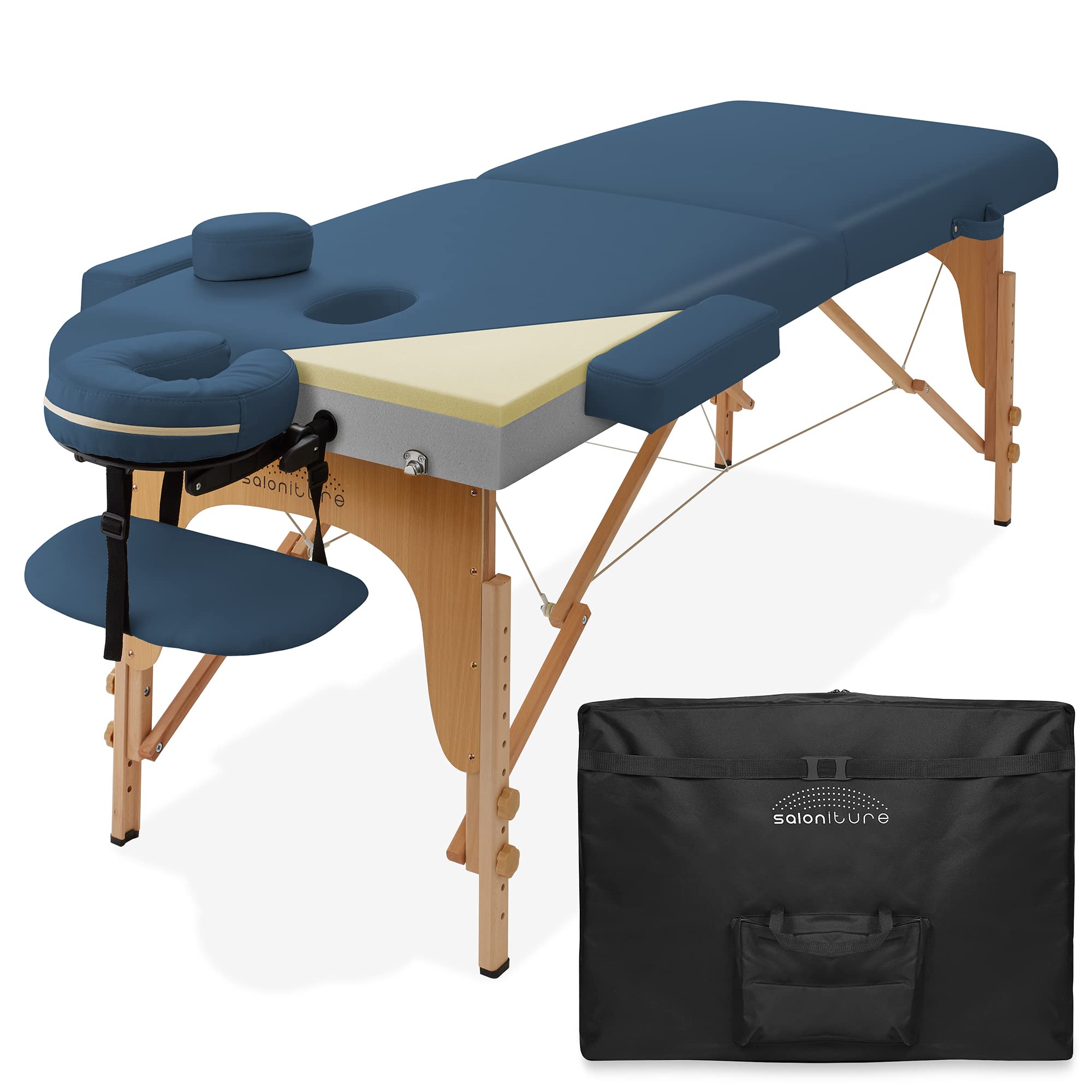 Saloniture Professional Memory Foam Folding Massage Table - Portable Spa Table with Carrying Case, Blue | Perfect for Home Massage, Mobile Therapists & Salon Treatments