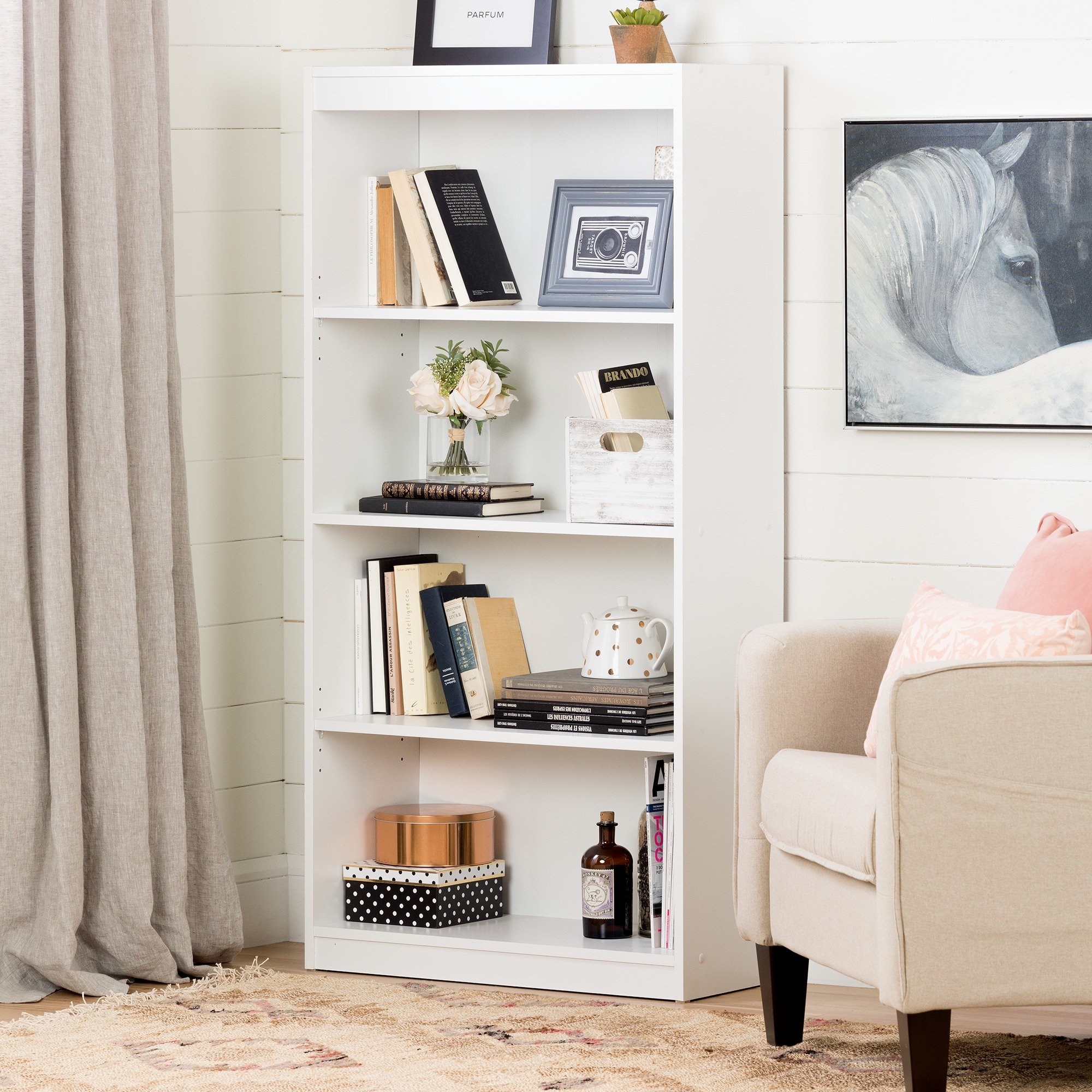 South Shore Axess 4-Shelf Bookcase, White Wooden Bookshelf for Home & Office - Perfect for Living Room, Bedroom, Study & Library Storage Organization