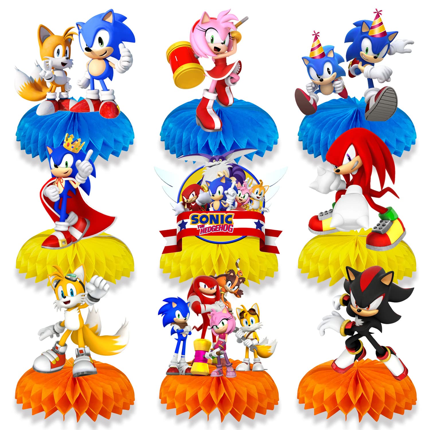 9 Piece Blue Hedgehog Honeycomb Centerpieces - 3D Table Decorations for Kids Birthday Party & Baby Shower | Cute Animal Theme Party Supplies for Tabletop, Wall, and Ceiling Decor