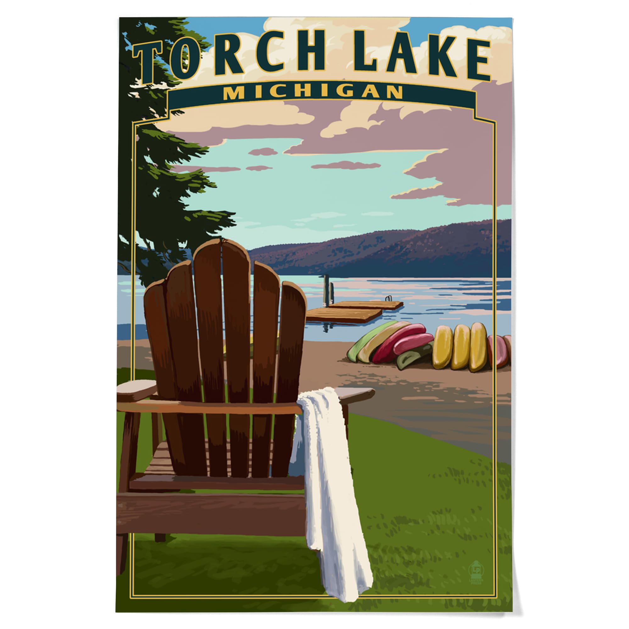 Lantern Press 36x54 Inch Giclee Art Print - Torch Lake Michigan Landscape with Adirondack Chairs - Premium Wall Decor for Living Room, Bedroom & Office