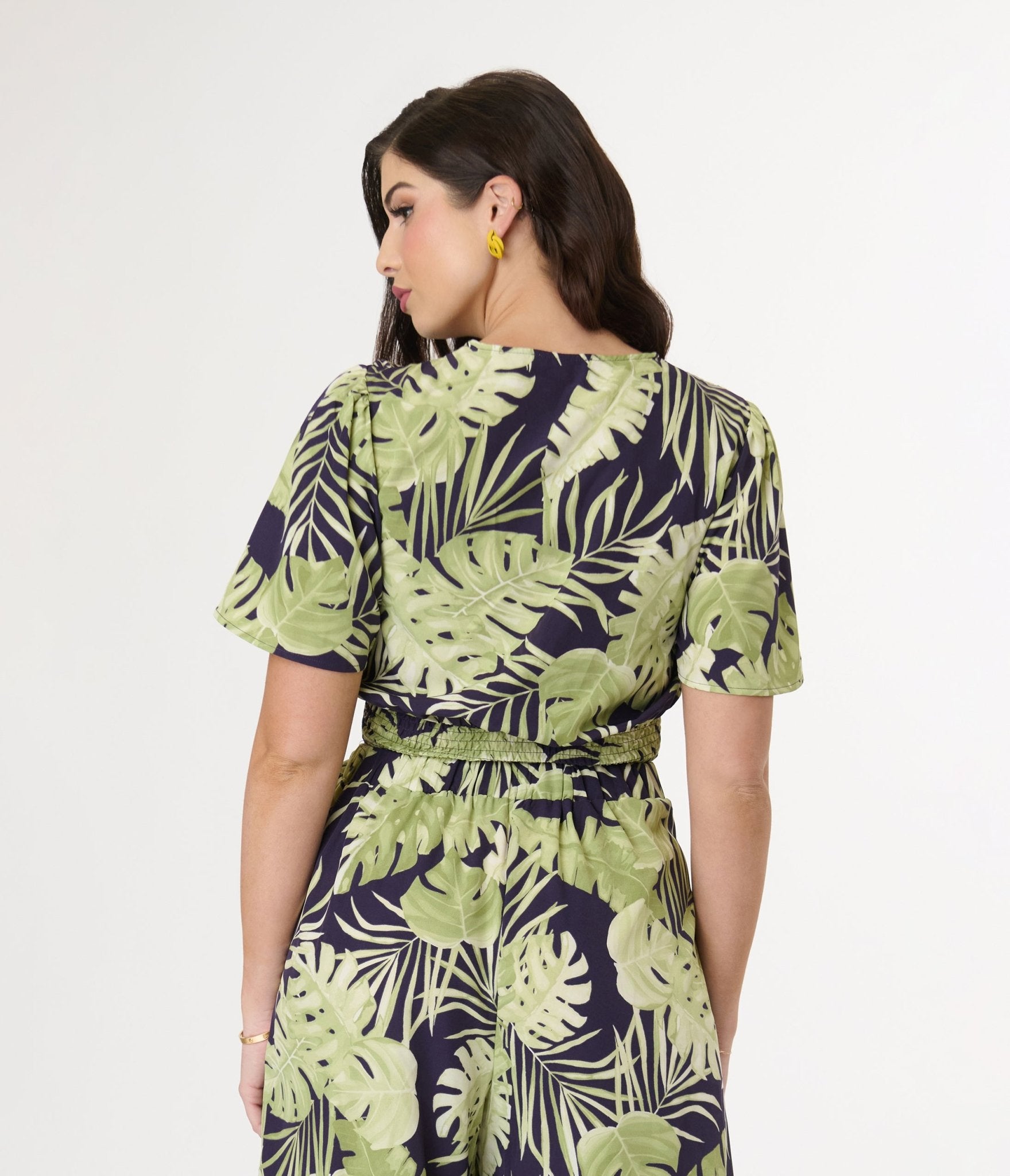 Women's Navy & Green Tropical Print Crop Top - Summer Beach Vacation Boho Chic Shirt for Women | Perfect for Pool Parties, Music Festivals & Casual Outings