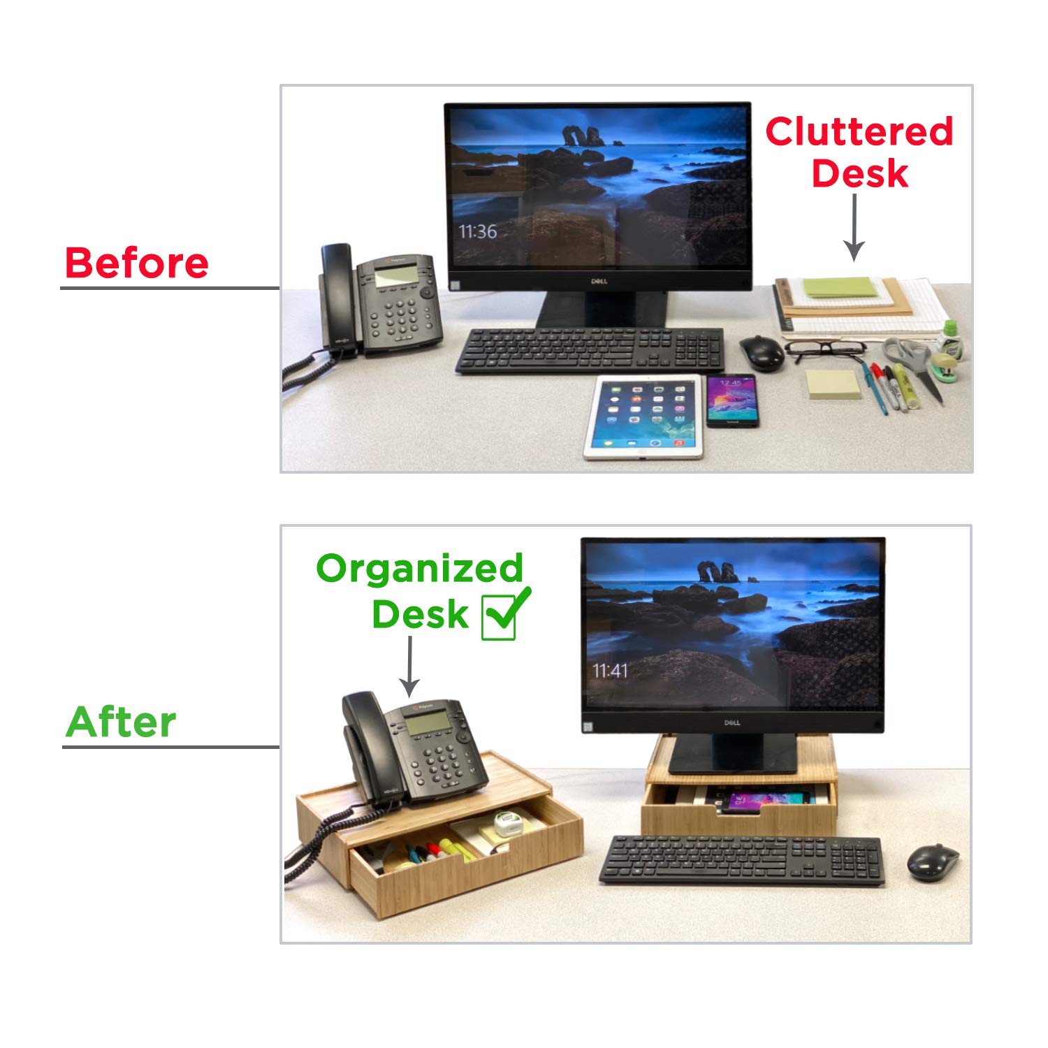 MobileVision Bamboo Phone Stand with Drawer - Stackable Office Organizer for Pens, Pencils, Scissors, Notepads & Business Cards - Perfect Desk Accessory for Home & Office Workspace Organization