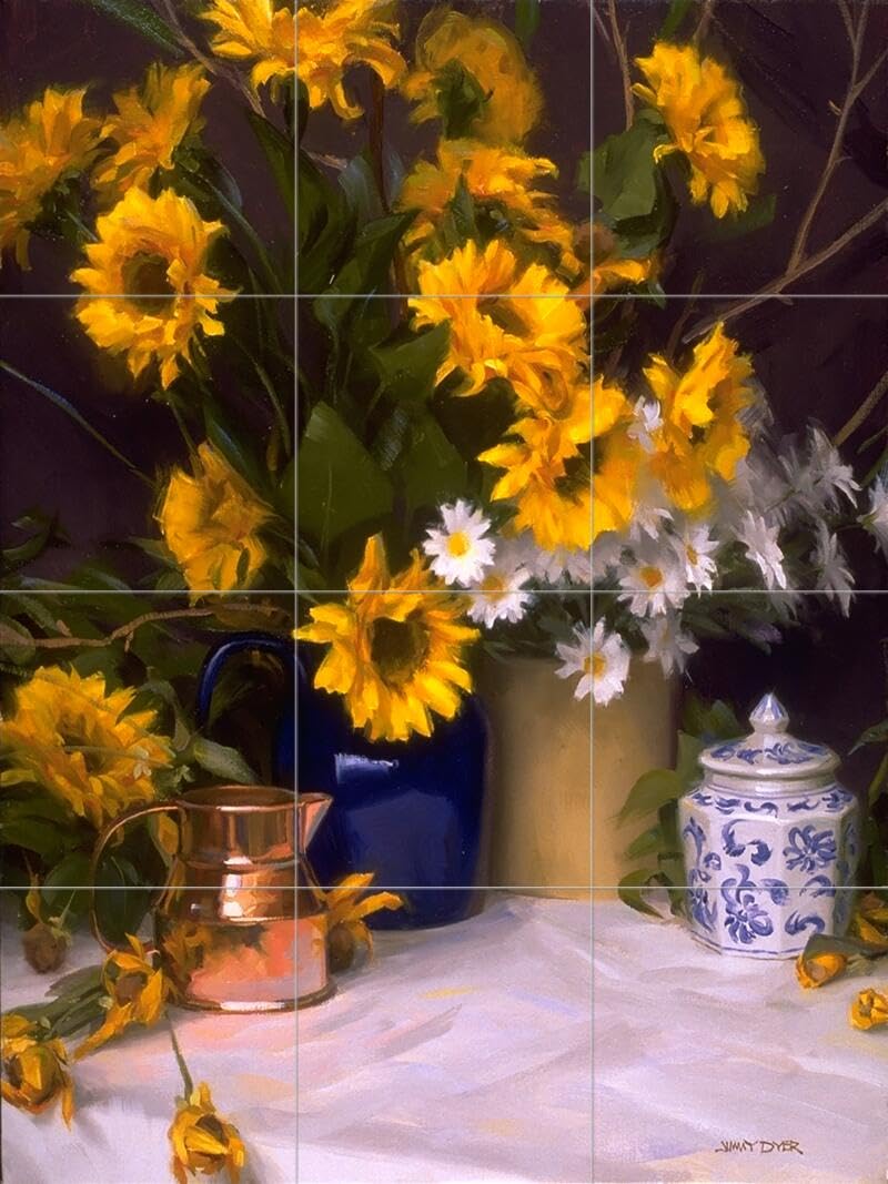 Hand-Painted Ceramic Backsplash Tile Mural - Floral Ginger Jar Design by Jimmy Dyer for Kitchen & Bathroom - Waterproof & Heat-Resistant Wall Decor for Home Renovation & DIY Projects