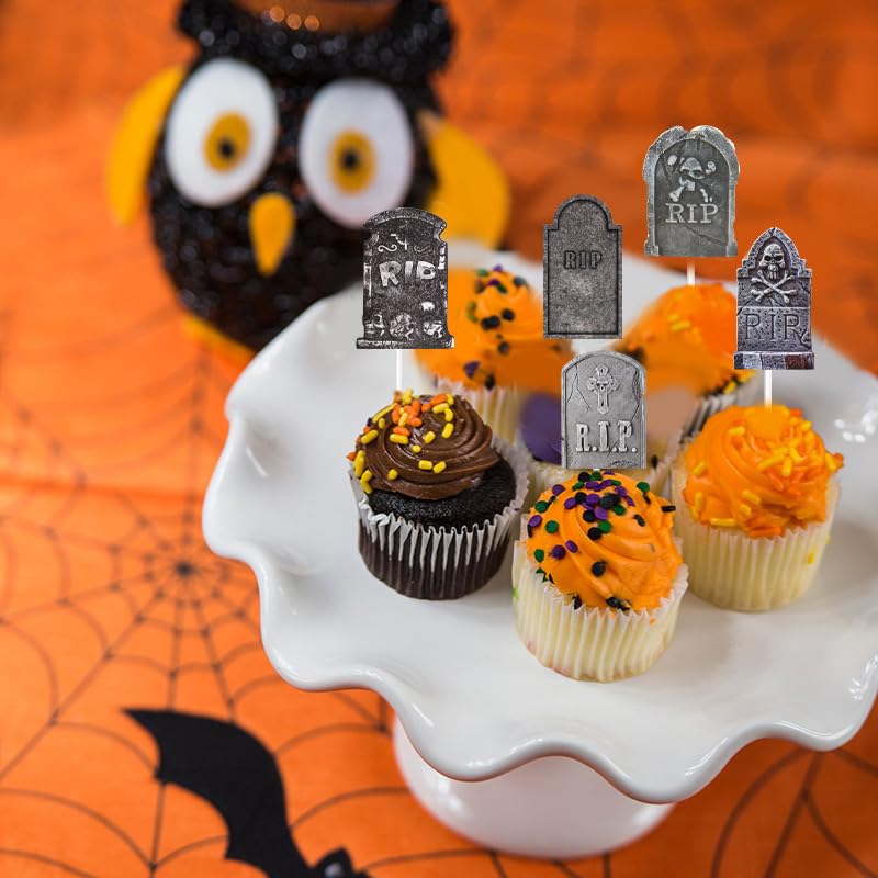 24-Piece Halloween Cupcake Toppers - Spooky Tombstone & Graveyard Cake Decorations for Halloween Party Supplies | Perfect for Cupcakes, Cakes, and Dessert Displays at Halloween Parties, Trick-or-Treat Events & Themed Gatherings