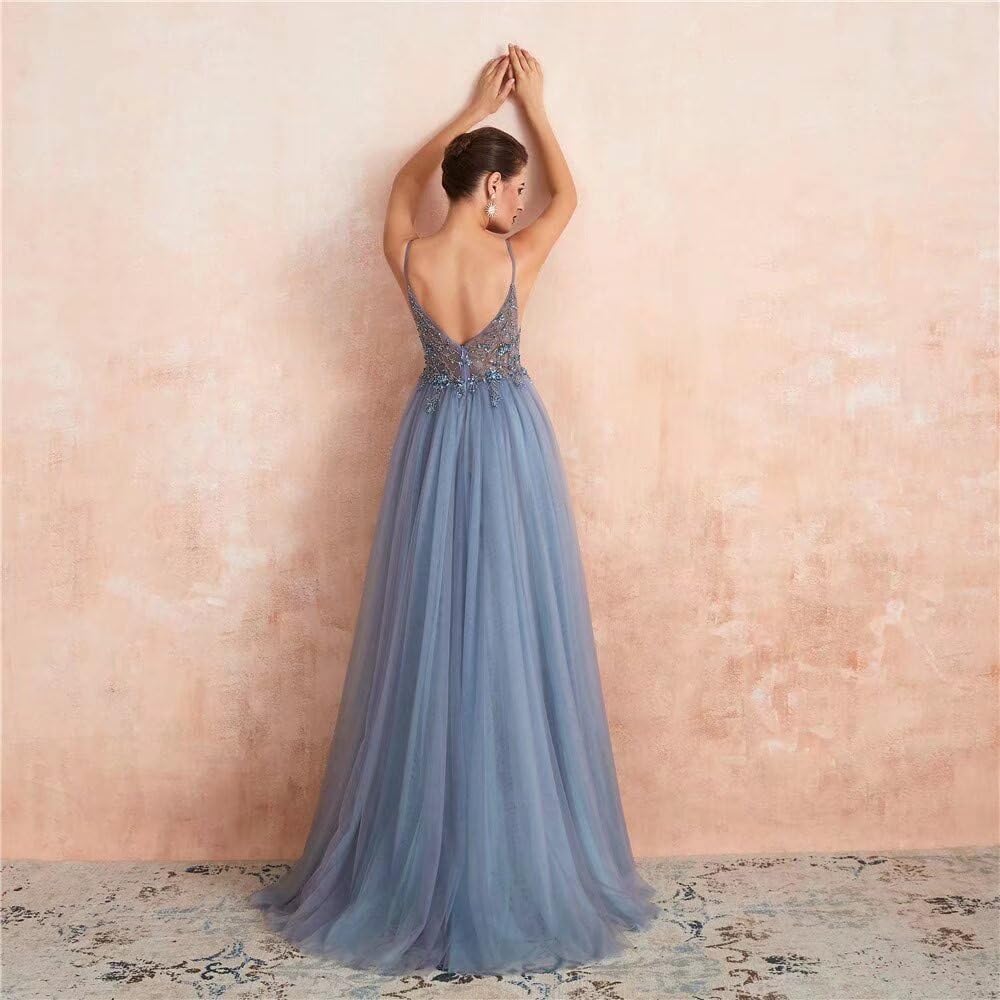 Elegant V-Neck Beaded Tulle Prom Dress for Women - Long Evening Gown with High Slit for Wedding, Party & Formal Events | Perfect for Homecoming, Graduation & Special Occasions