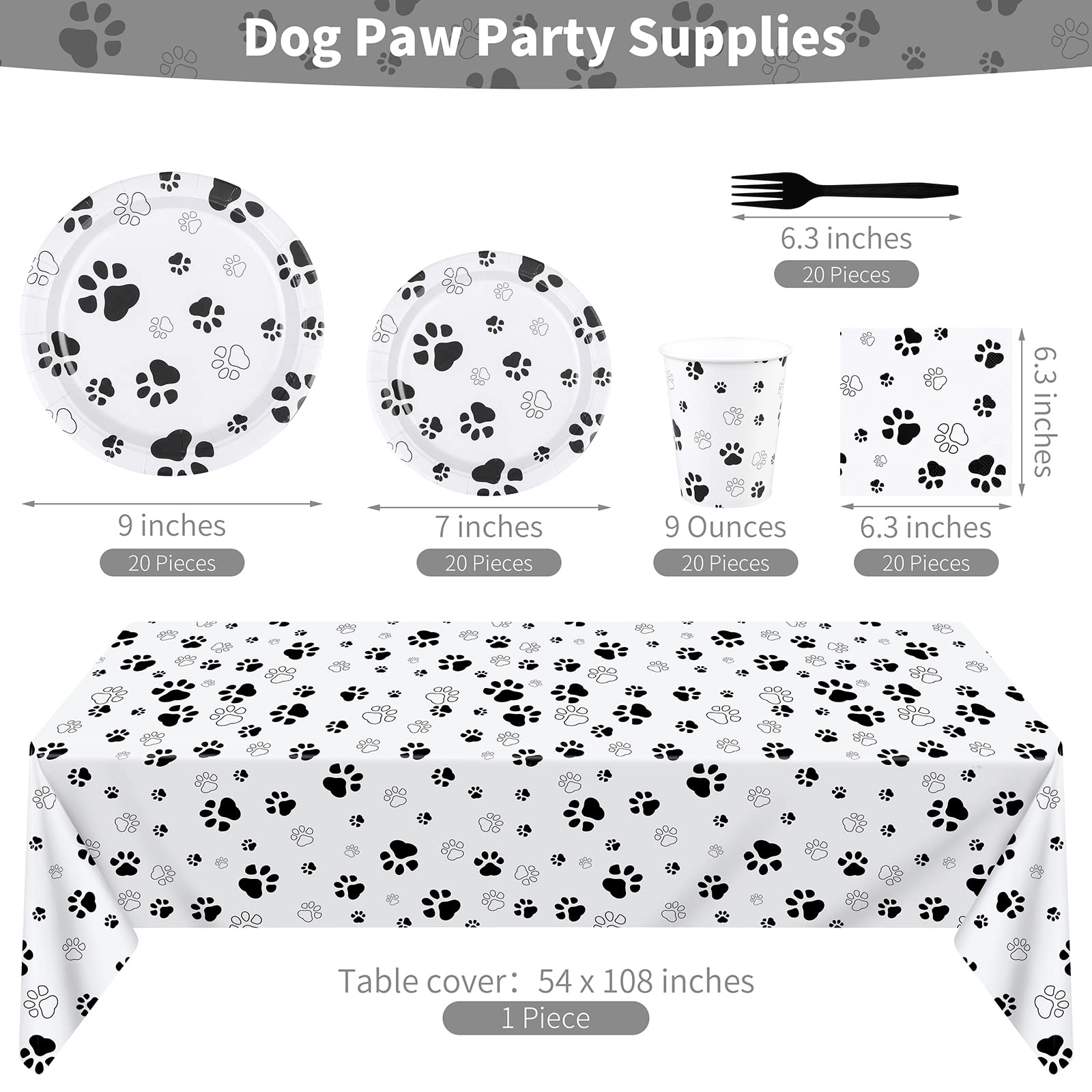 121-Piece Black Paw Print Dog Birthday Party Supplies Set - Tablecloth, Plates, Napkins, Forks & Paper Cups for Puppy Theme Decorations | Perfect for Dog Birthday Parties, Pet Adoption Events & Animal Shelter Fundraisers