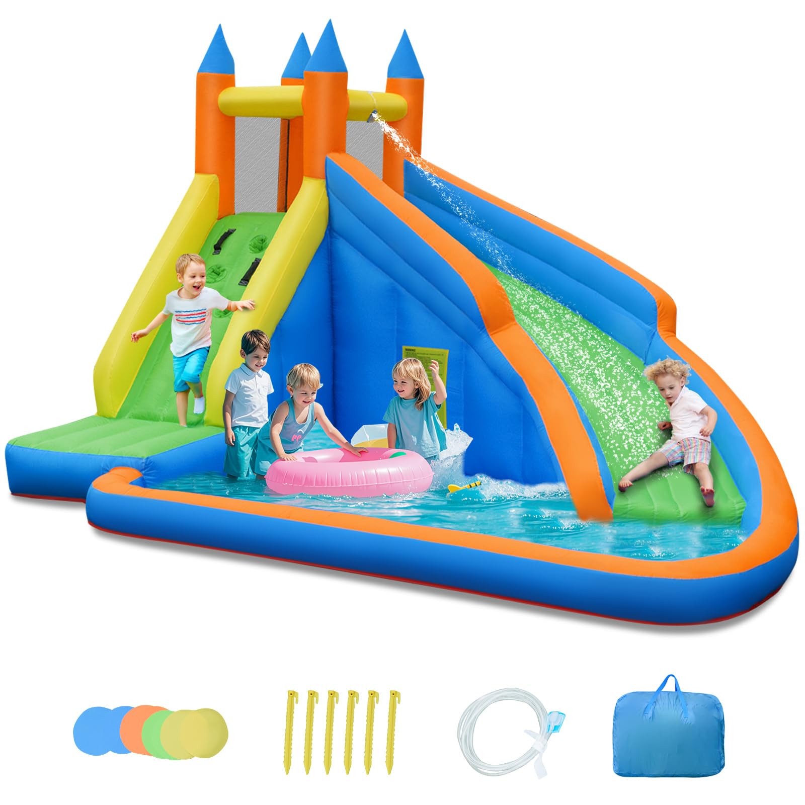 OLAKIDS Inflatable Water Slide & Bounce House Combo - Kids Outdoor Water Park with Slide, Climbing Wall & Splash Pool | Backyard Inflatable Jumping Castle & Obstacle Course | Includes Carrying Bag, Repair Kit & Stakes | Perfect for Summer Parties, Birthday Celebrations & Backyard Fun