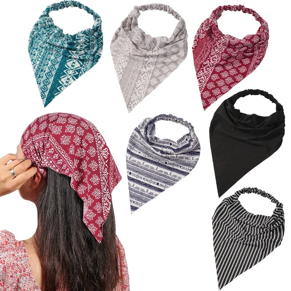 6 Pack Women's Elastic Hair Scarf Headbands - Boho Triangle Bandana with Non-Slip Clips for Girls & Women | Perfect for Yoga, Workouts, Beach, and Everyday Styling