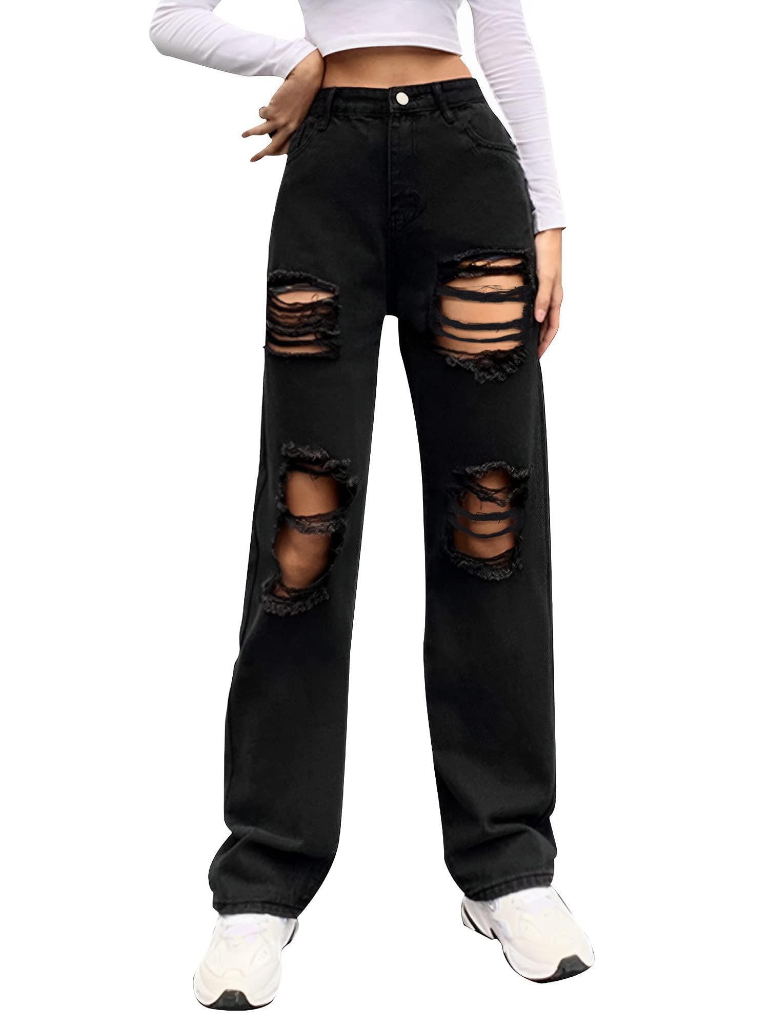 Genleck Women's High Waist Loose Ripped Boyfriend Jeans - Baggy Distressed Denim Pants with Wide Leg for Y2K Fashion | Perfect for Casual Outfits, Streetwear & Retro Looks
