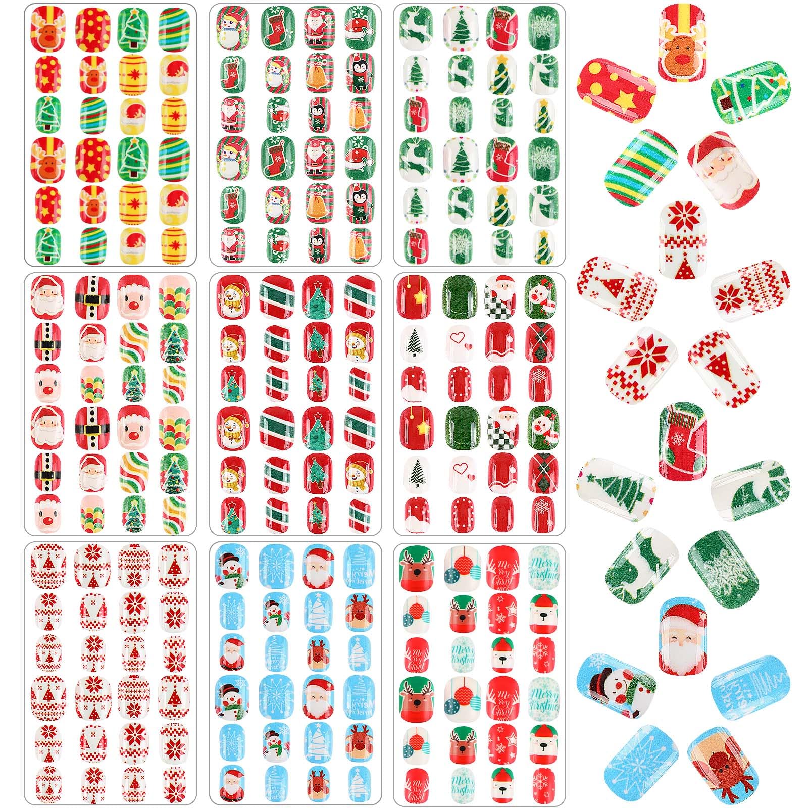 216Pcs Christmas Press on Nails for Kids - 9 Pack Short False Nail Tips with Holiday Designs | Girls Nail Art Decorations | Perfect for Christmas Parties, Gifts & Festive Nail Art (Ages 5-12)