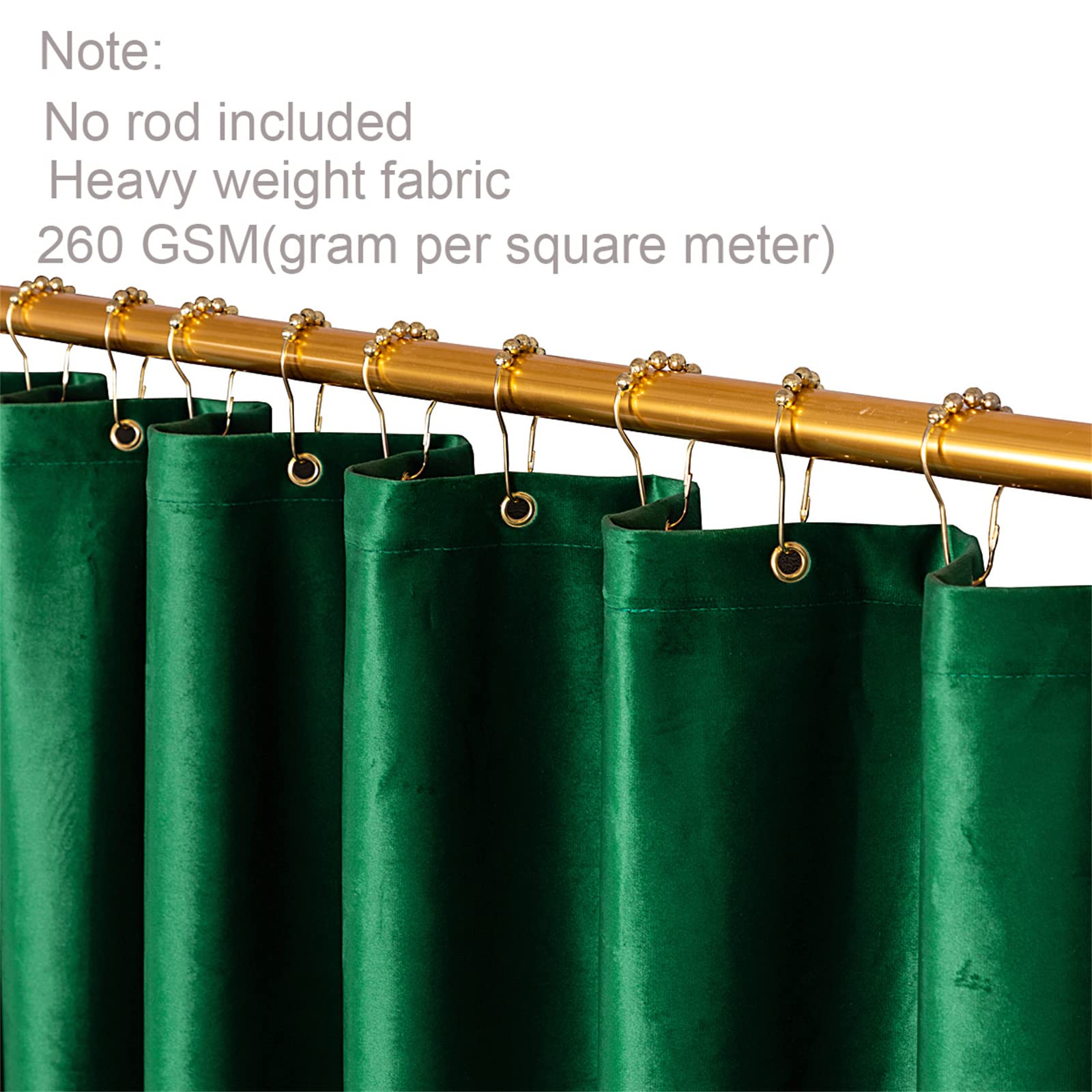 Luxury 260 GSM Thick Velvet Dark Green Shower Curtain - Heavy Duty Waterproof Fabric Bathroom Curtain with Hooks, 72 x 72 Inches, Washable & Durable - Perfect for Hotels, Showers, Bathtubs, and Spa-Like Home Bathrooms