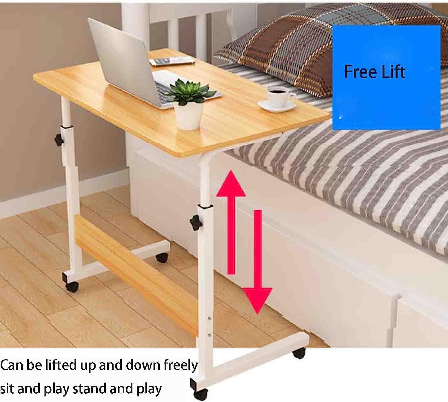 POCHY Adjustable Overbed Table with Wheels - Portable Laptop Desk, Lightweight Steel Frame & Fiberboard Top - Perfect for Bed, Sofa, or Office Use