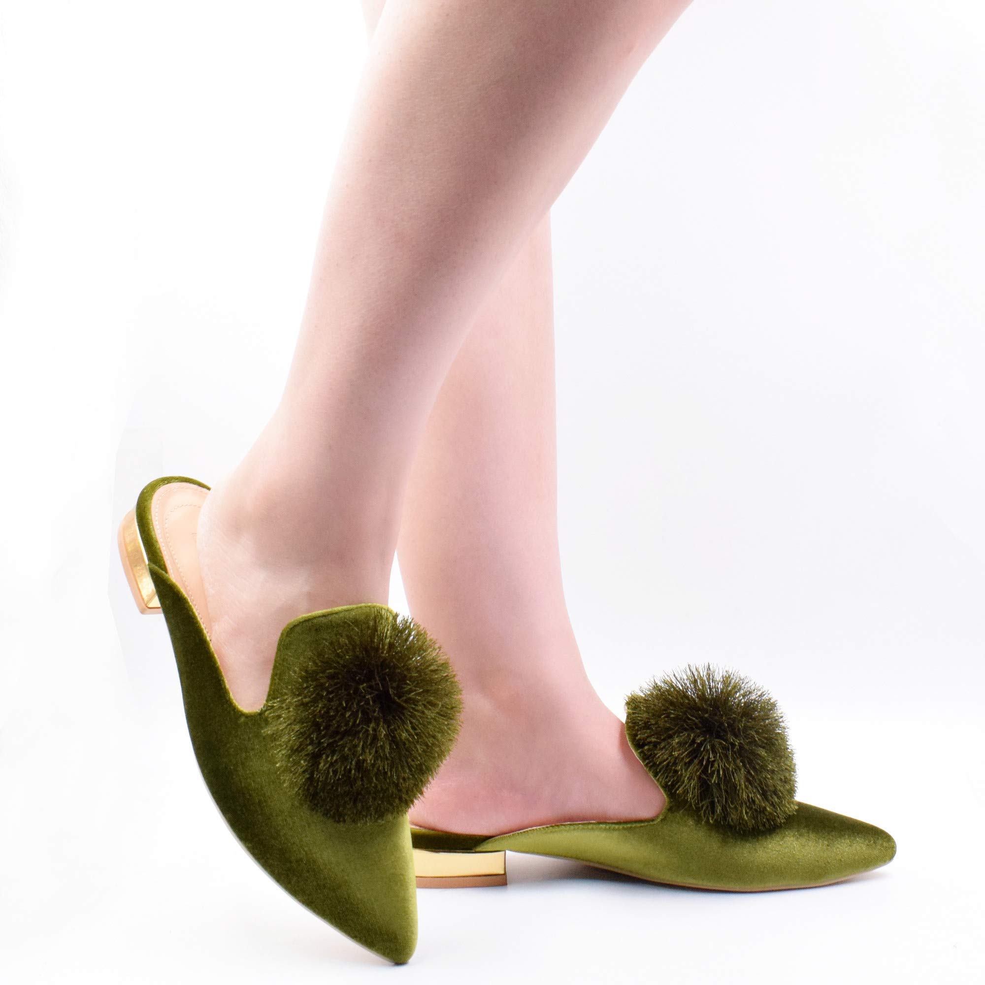 Fericzot Women's Slip On Mule Loafers - Backless Pointed Toe Flats with Puff Pompom Detail - Comfortable Casual Shoes & House Slippers for Women - Perfect for Home, Office, and Daily Wear