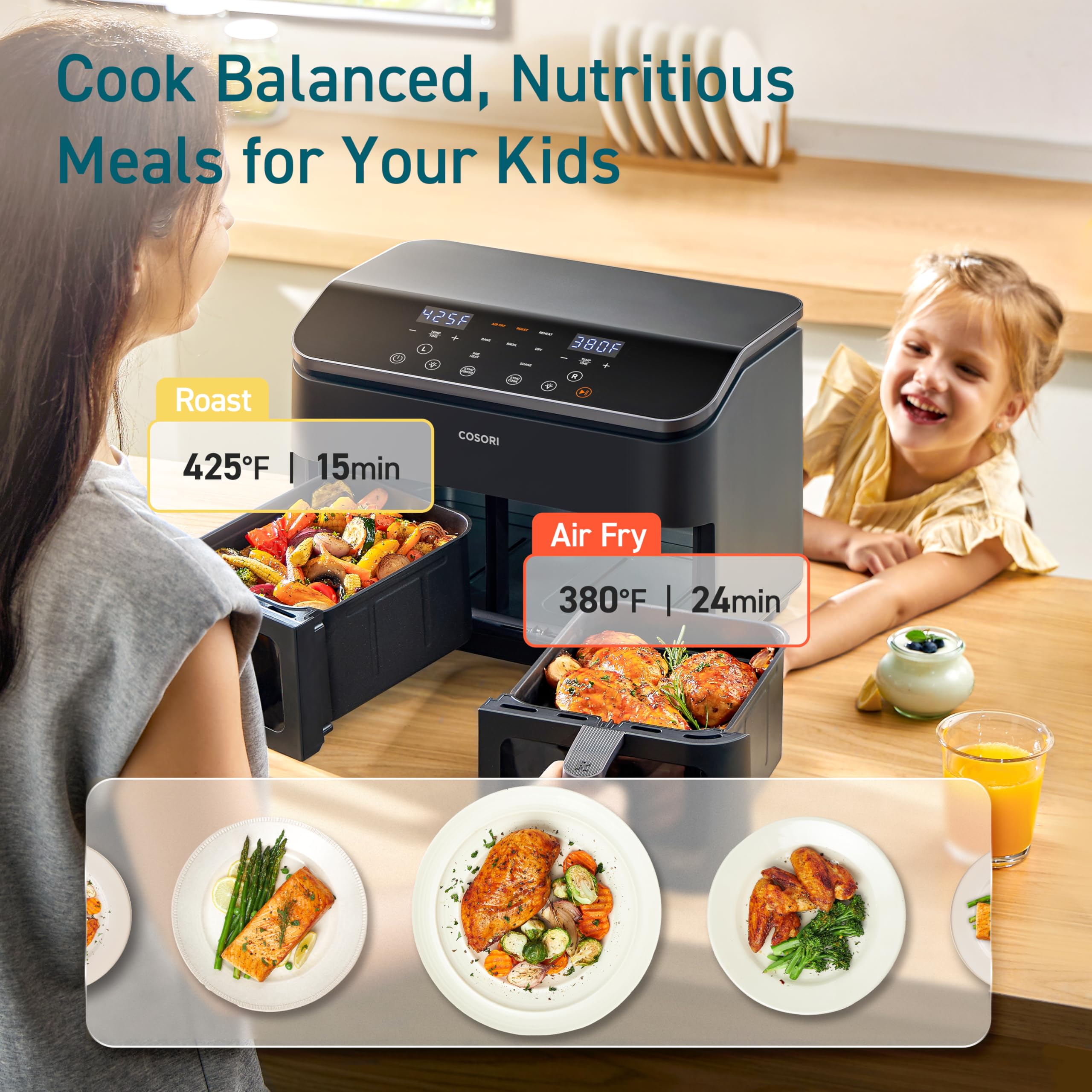COSORI 9Qt 10-in-1 Dual Air Fryer with Double Baskets - Sync Cook Technology for Baking, Roasting, Reheating & Broiling | 130 Included Recipes | Perfect for Family Meals & Kids | Dishwasher Safe | Ideal for Quick Weeknight Dinners & Healthy Meal Prep