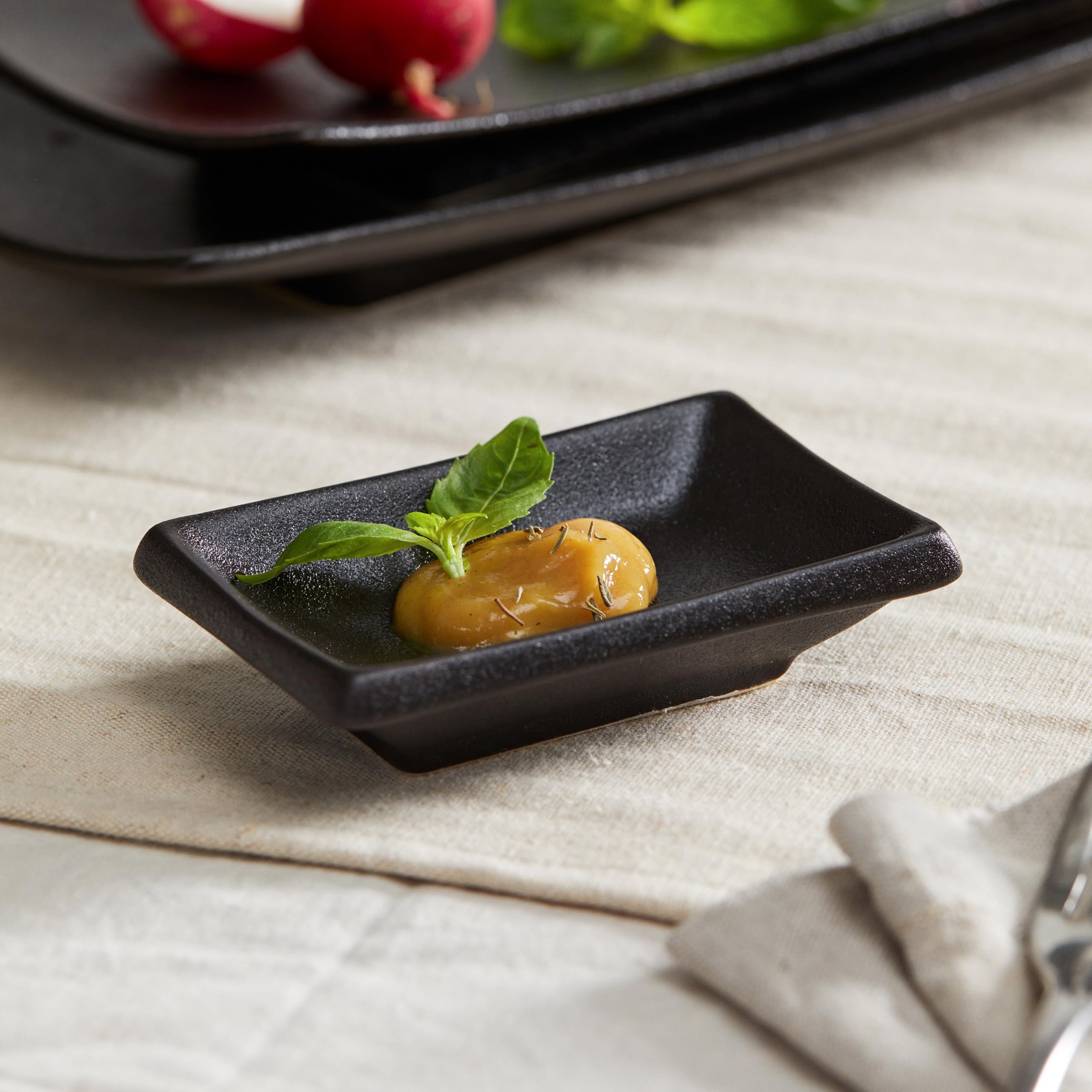 4 Inch Ceramic Sauce Dish - Japanese Rectangular Sushi Dipping Bowl, Seasoning Dish & Appetizer Plate (4-Pack, Matte Black) - Perfect for Home Kitchen, Sushi Restaurants & Party Snack Serving